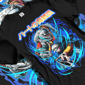 Black T-shirt laid flat with soft folds, featuring Trafalgar Law and Bepo retro manga artwork framed by bold blue energy swirls.