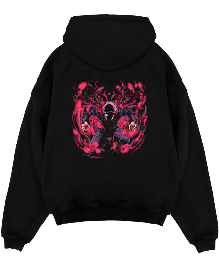 Black pullover hoodie laid flat on white, featuring Yuji Itadori Jujutsu Kaisen dark manga graphic with red cursed energy aura.