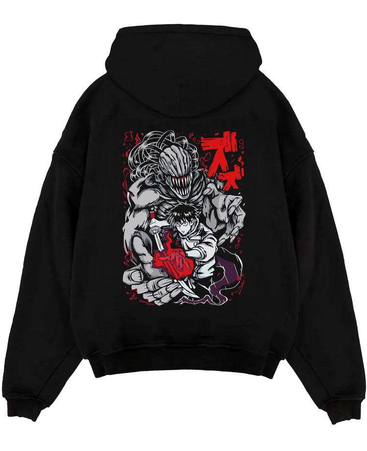 Black pullover hoodie laid flat, featuring Yuta Okkotsu and Rika cursed spirit retro manga graphic with bold red accents.