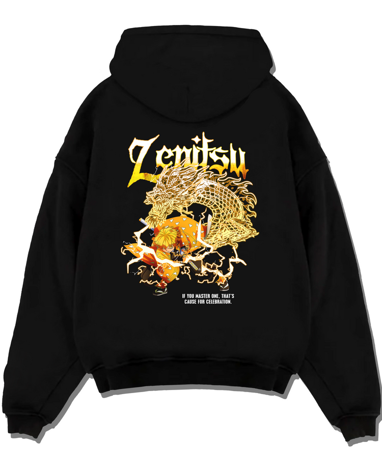Black pullover hoodie laid flat on a white background, featuring Demon Slayer Zenitsu anime poster inspired design with lightning effects and retro manga artwork style.