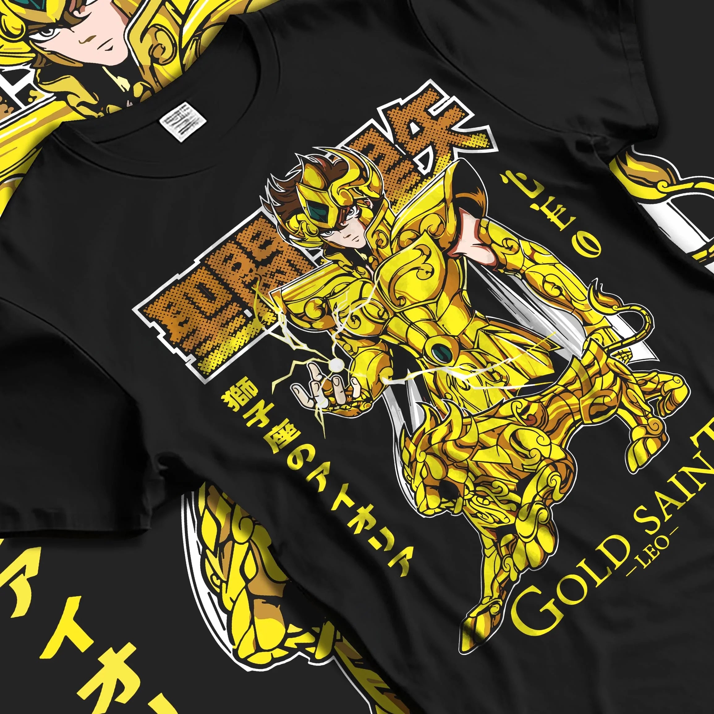 Black T-shirt laid flat featuring Gold Saint from Saint Seiya in glowing golden armour design, inspired by classic Knights of the Zodiac anime streetwear.