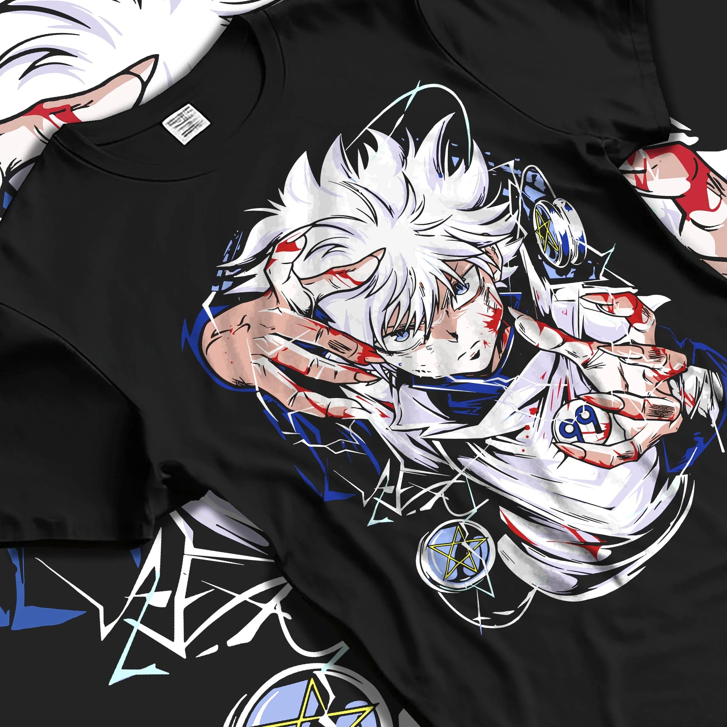 Black T-shirt laid flat featuring Killua Zoldyck from Hunter x Hunter with lightning aura in bold anime streetwear graphic design.