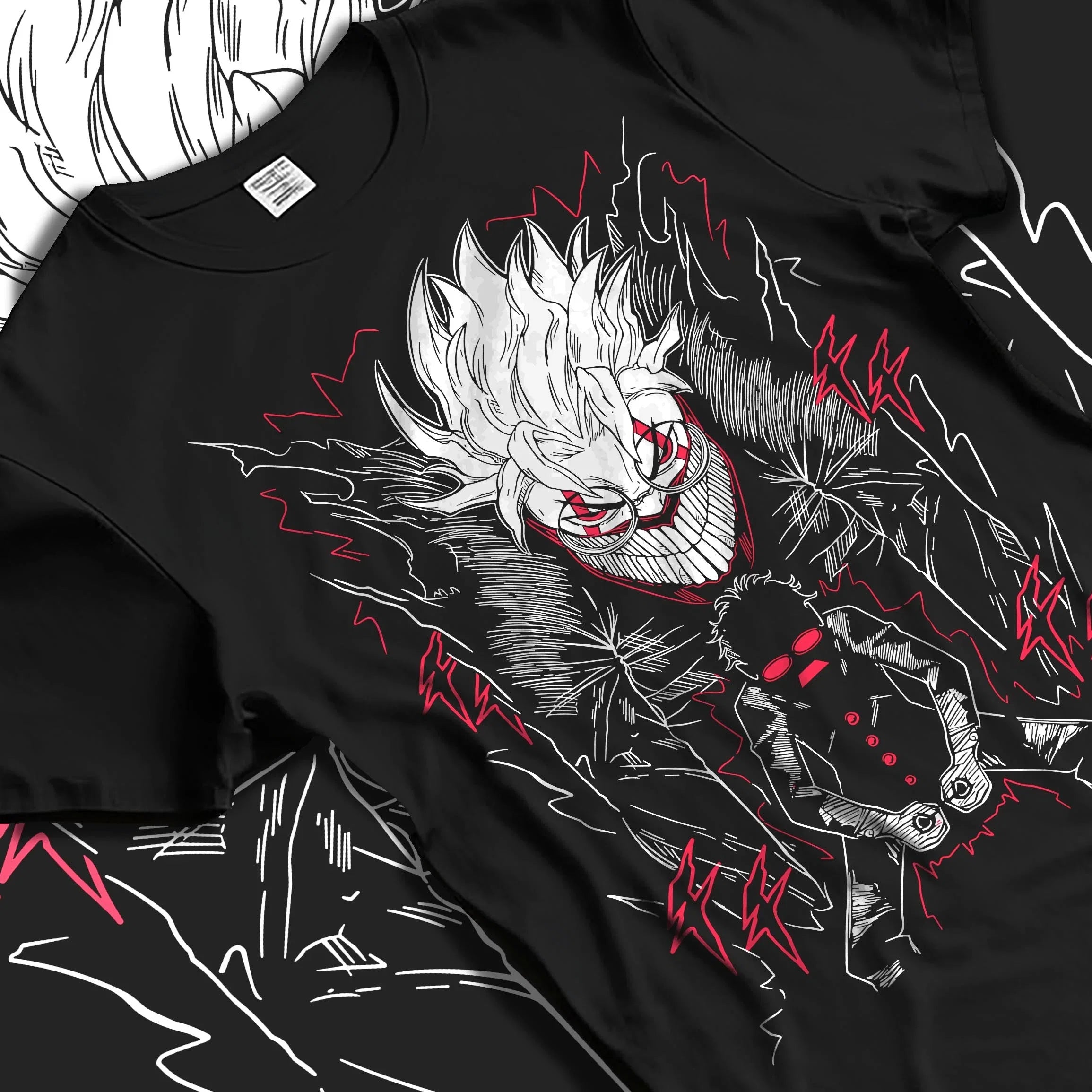 Black T-shirt laid flat featuring Dandadan character artwork with fiery hair, red highlights and manga-inspired streetwear design.