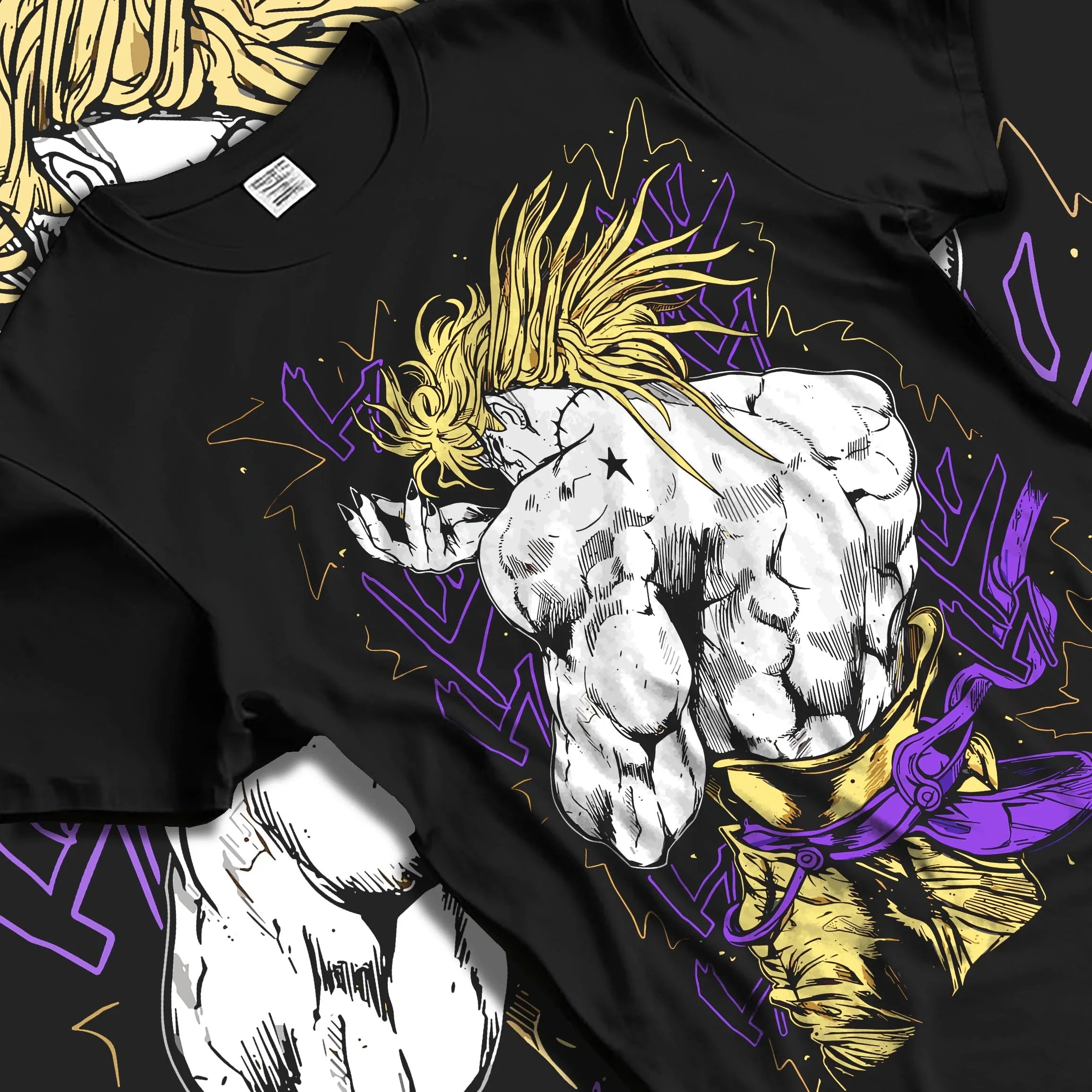 Black T-shirt laid flat featuring Dio Brando from JoJo’s Bizarre Adventure in a bold purple and gold retro manga streetwear graphic design.