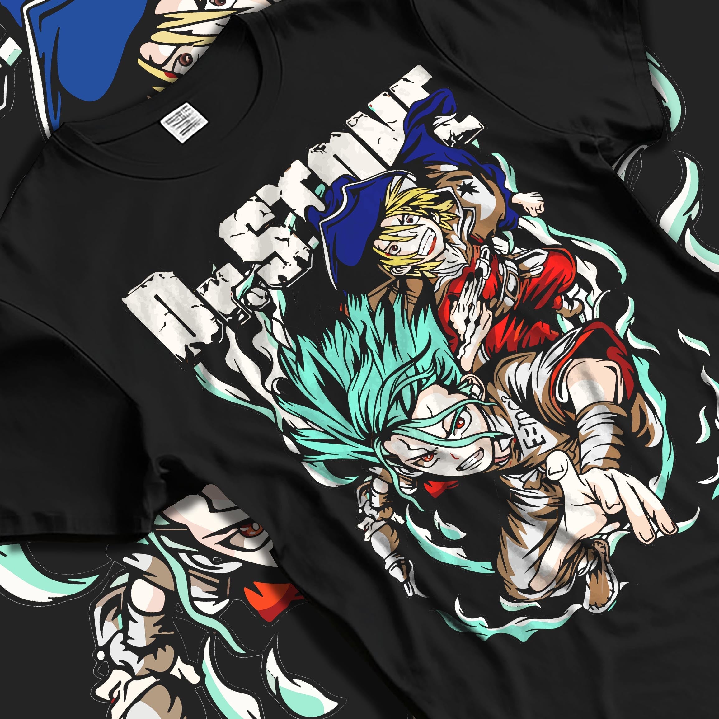 Black T-shirt laid flat featuring Senku from Dr. Stone in vibrant manga artwork with glowing scientific energy and bold Japanese animation streetwear design.