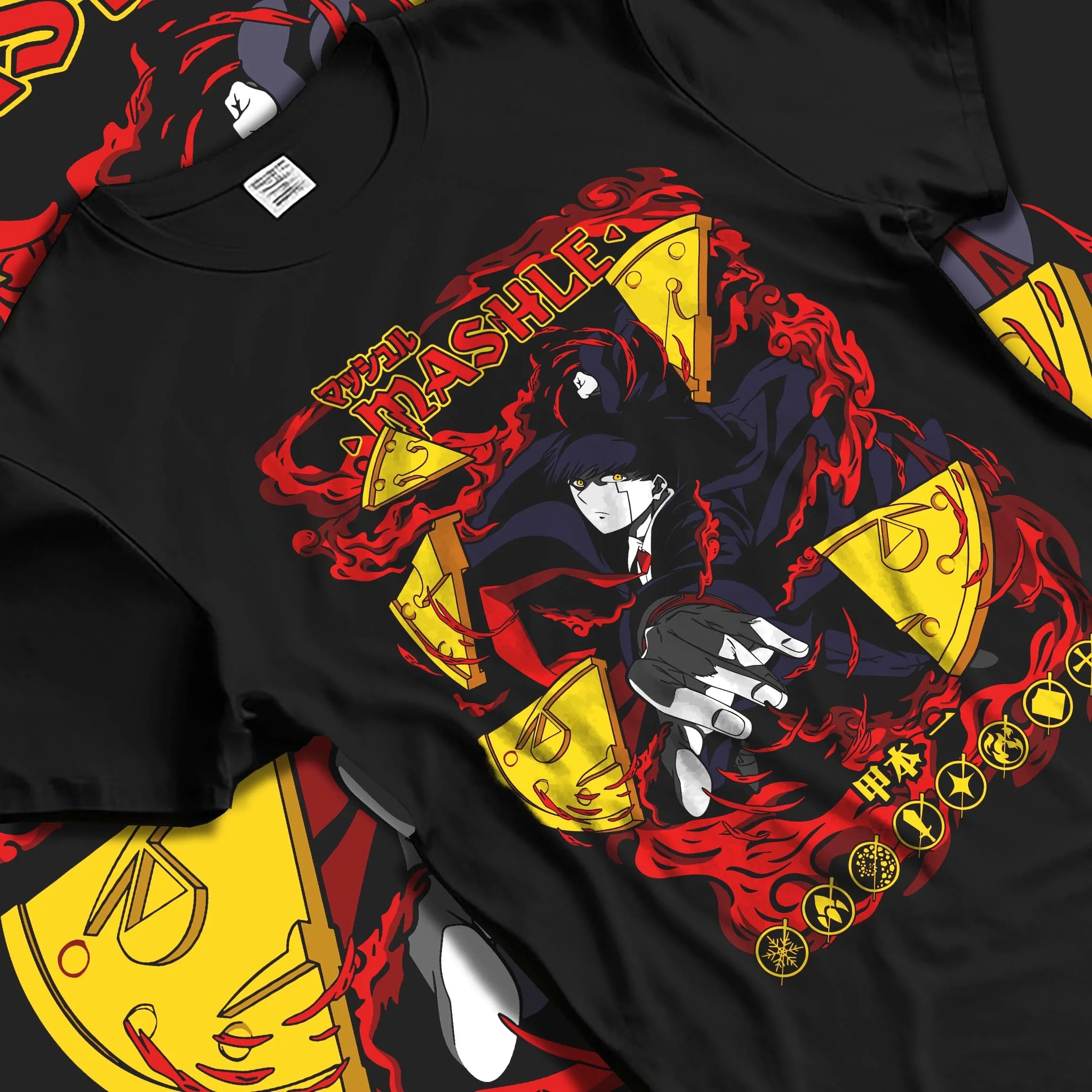 Black T-shirt laid flat featuring Mash Burnedead from Mashle with bold red and yellow retro manga poster-inspired design and shonen battle streetwear style.