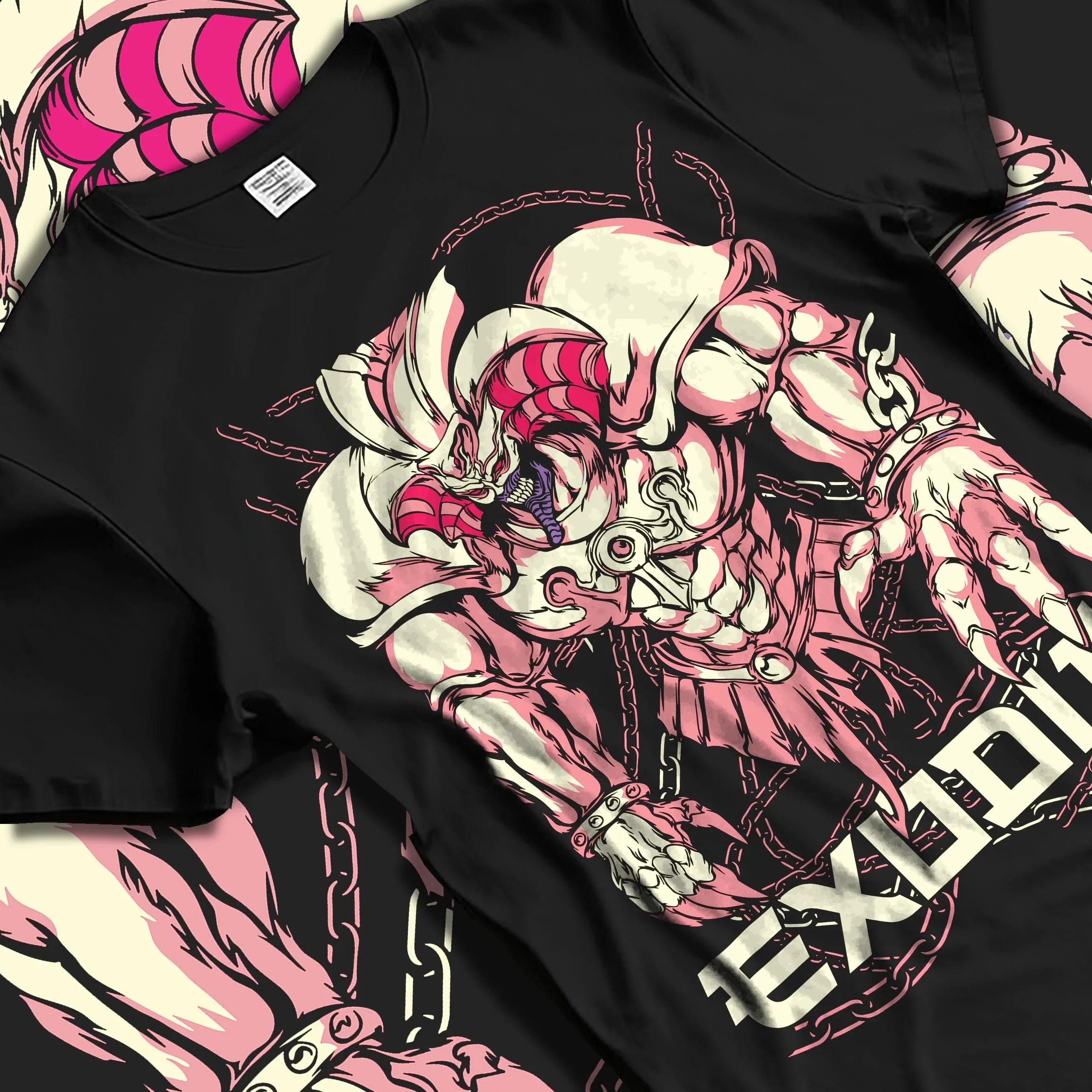 Black T-shirt laid flat featuring Exodia the Forbidden One from Yu-Gi-Oh! with bold retro manga poster-style design in red and cream tones.