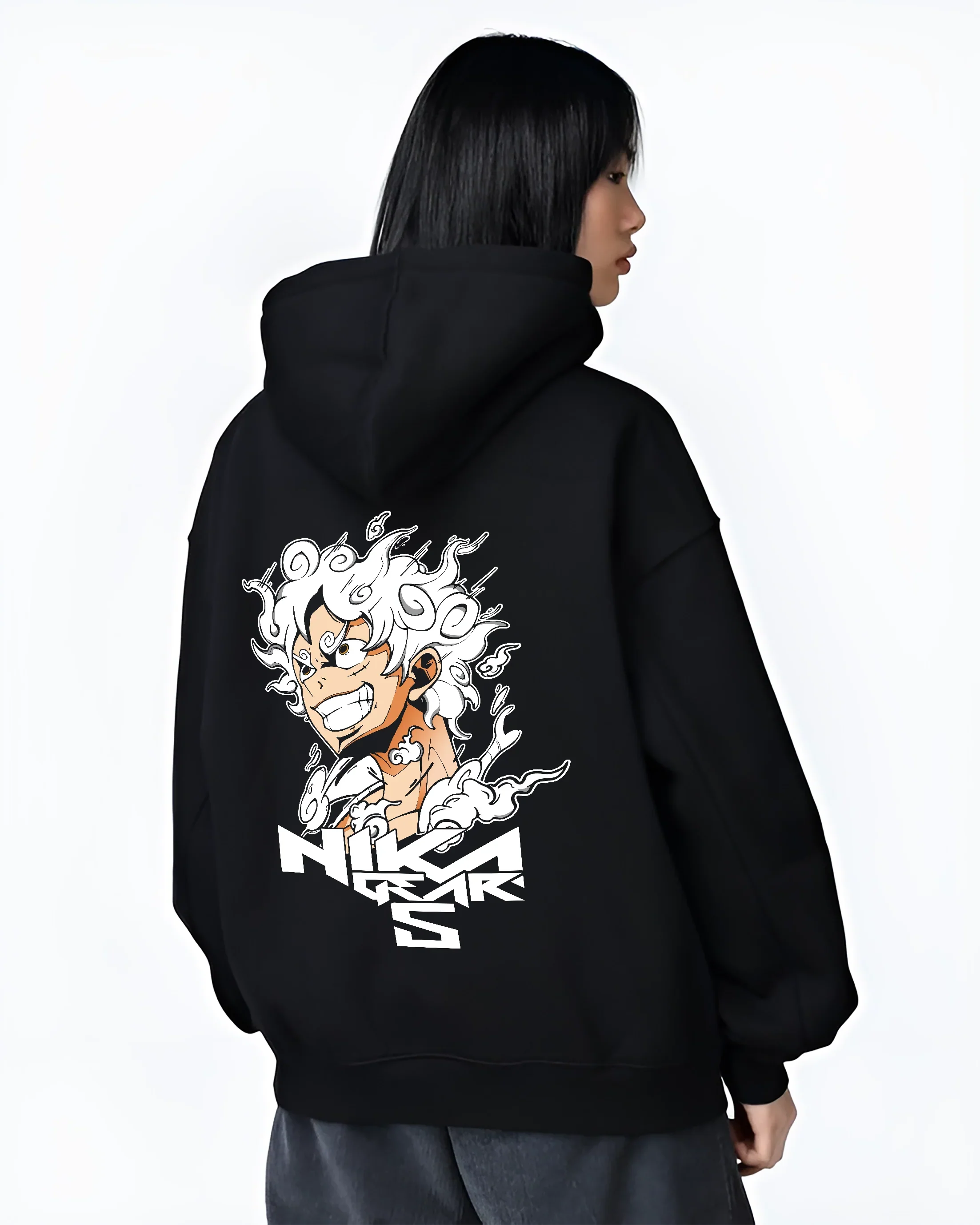 Female model wearing black Kunai anime hoodie featuring Luffy Gear 5 design, showcasing Anime Clothing inspired by the iconic shonen series for One piece anime fans.