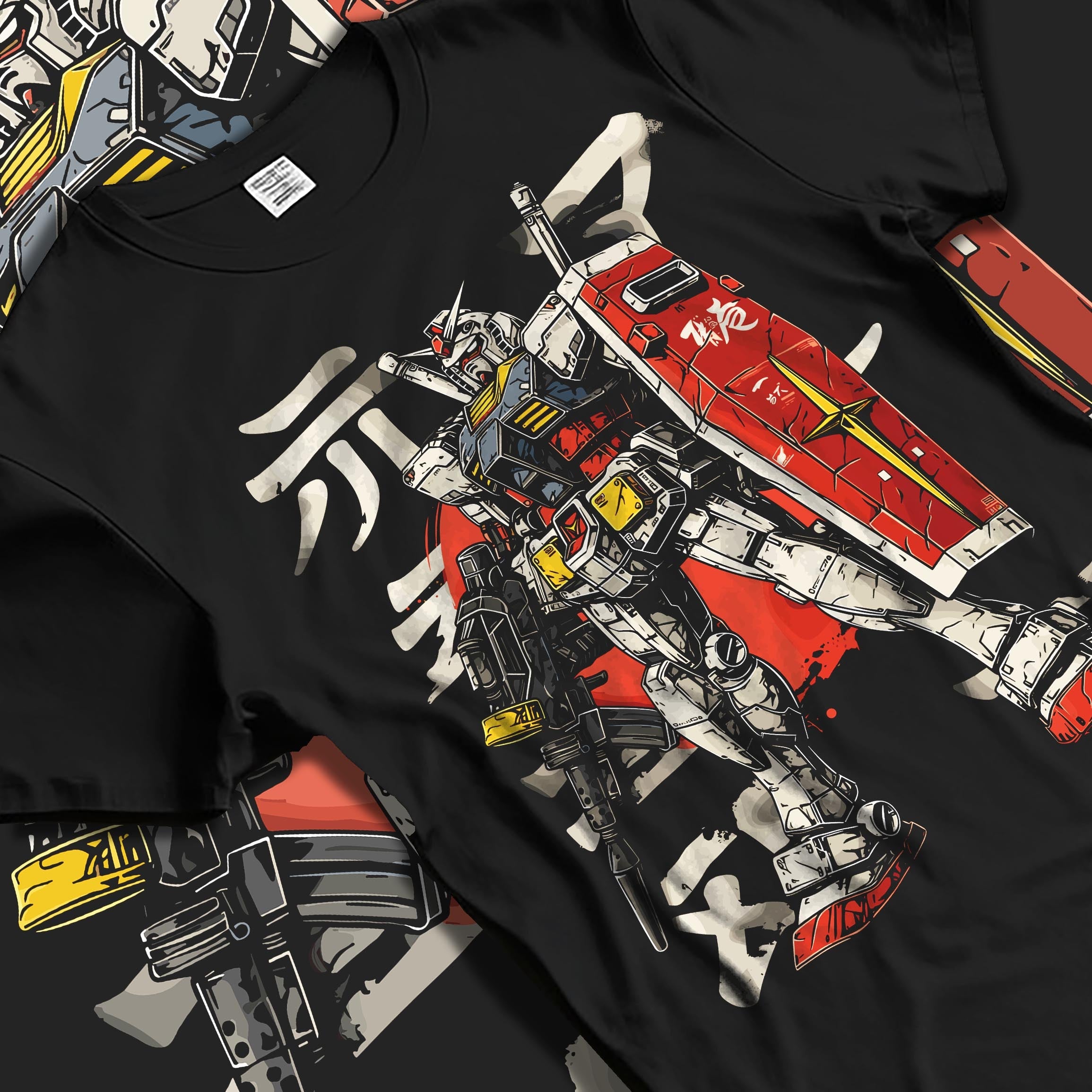 Black T-shirt laid flat featuring RX-78-2 Gundam with shield and rifle, retro mecha anime design in bold red and white streetwear style.