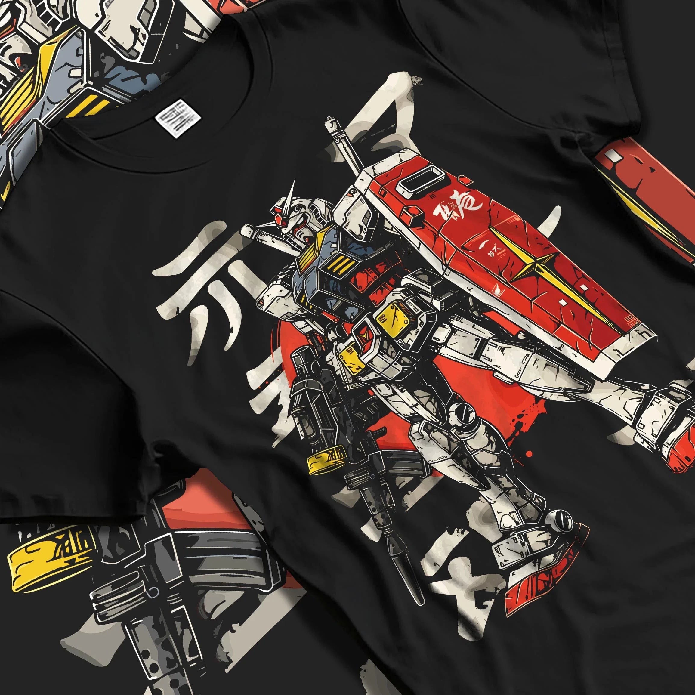 Black T-shirt laid flat featuring RX-78-2 Gundam with shield and rifle, retro mecha anime design in bold red and white streetwear style.