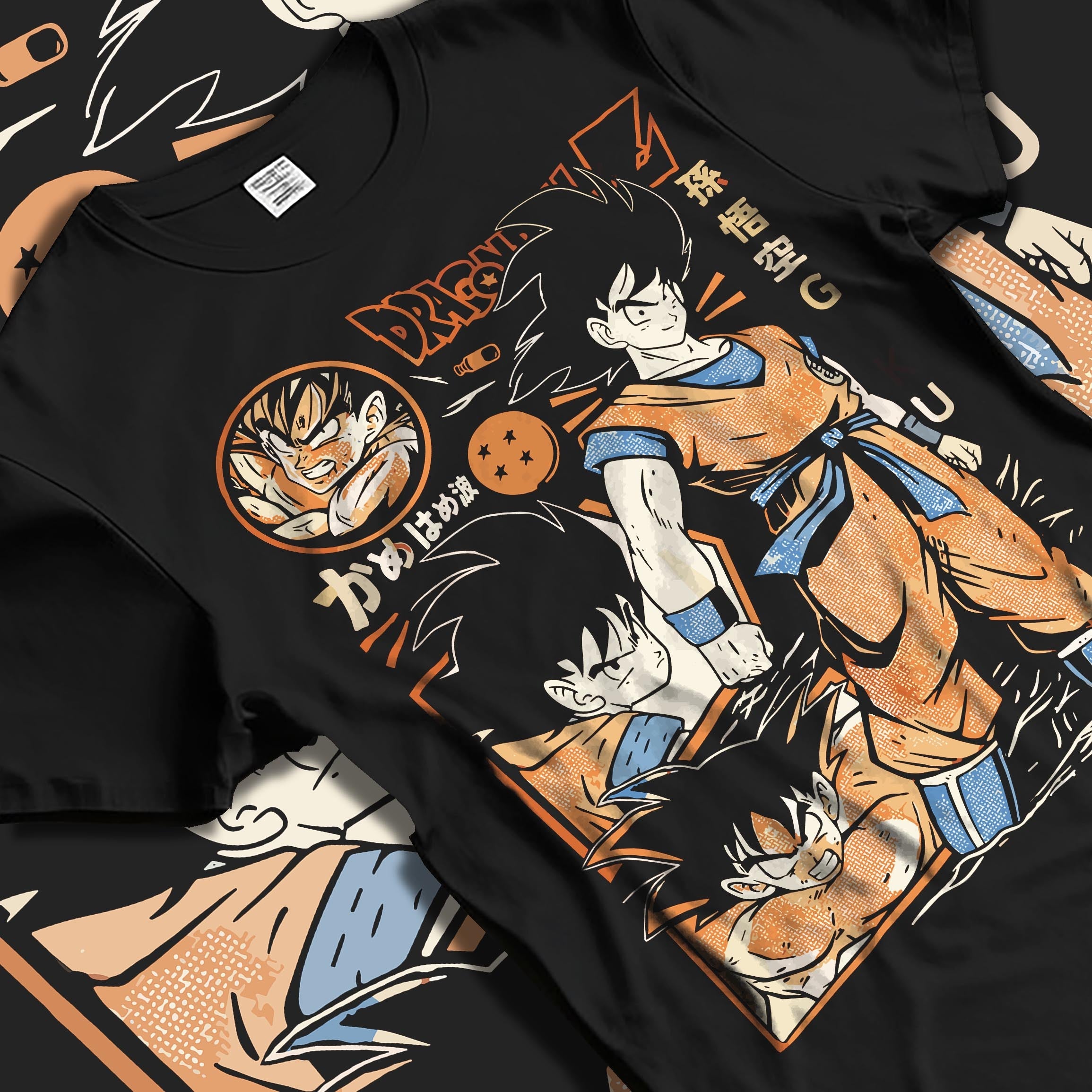 Black T-shirt laid flat with Dragon Ball Z Goku anime poster inspired graphic featuring multiple battle stances in bold retro manga artwork print.