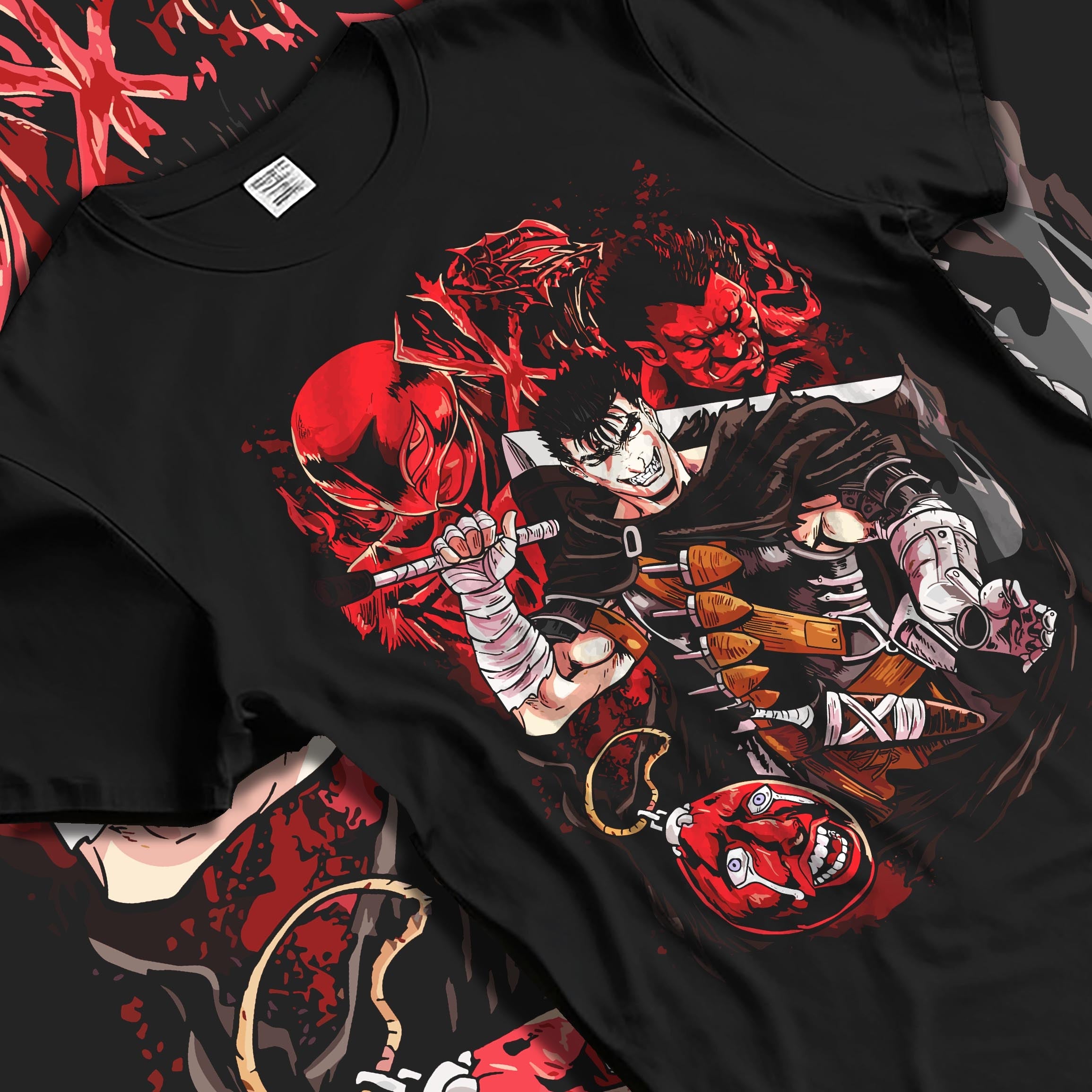 Black T-shirt laid flat featuring Guts from Berserk in a dark manga poster-inspired design with swords and demonic red accents.
