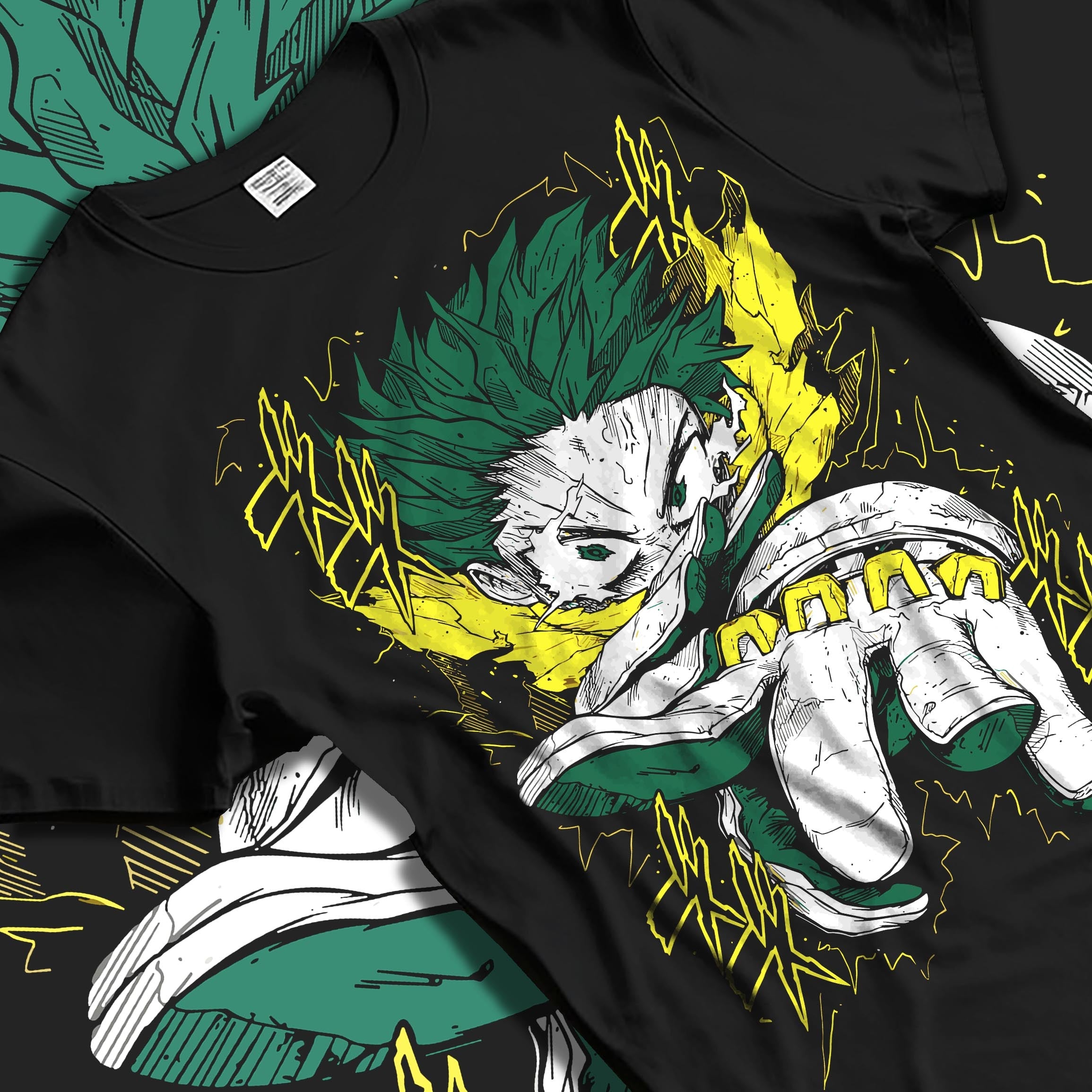 Black T-shirt laid flat with natural folds, featuring Izuku Midoriya Deku shonen battle character artwork in retro manga graphic s