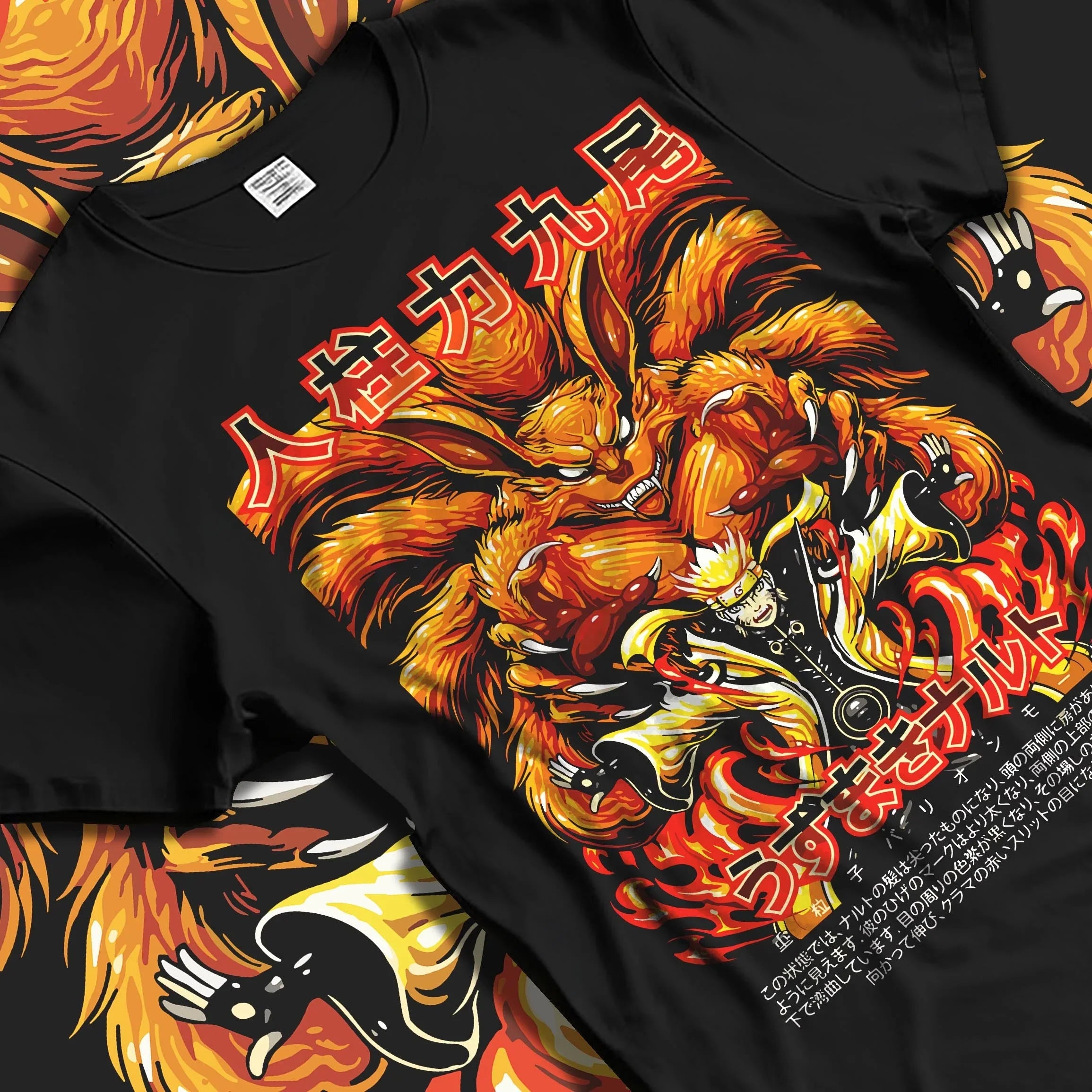 Black T-shirt laid flat with natural folds, featuring Naruto Kurama Nine-Tails fiery battle graphic in retro manga inspired streetwear design.