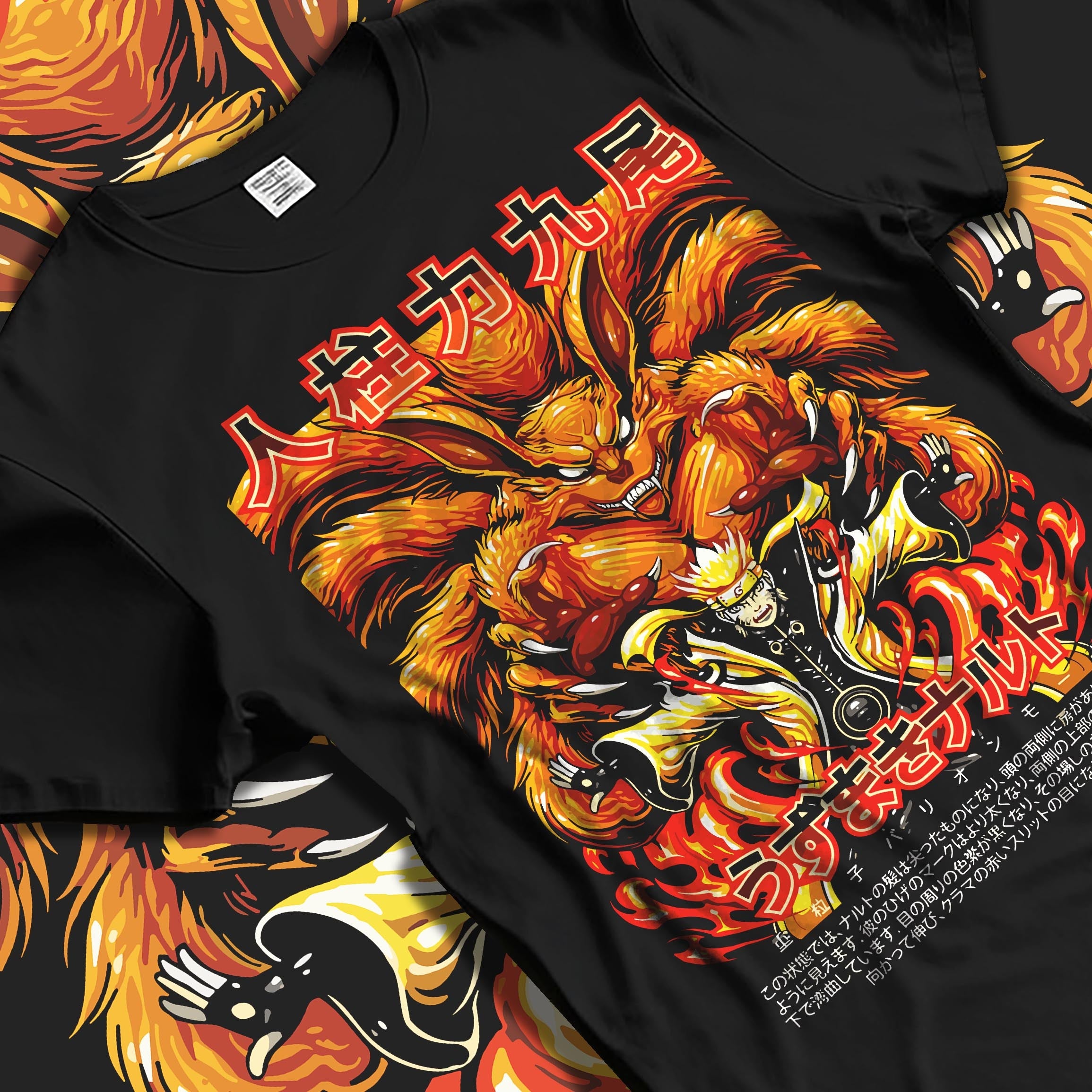 Black T-shirt laid flat with natural folds, featuring Naruto Kurama Nine-Tails fiery battle graphic in retro manga inspired streetwear design.