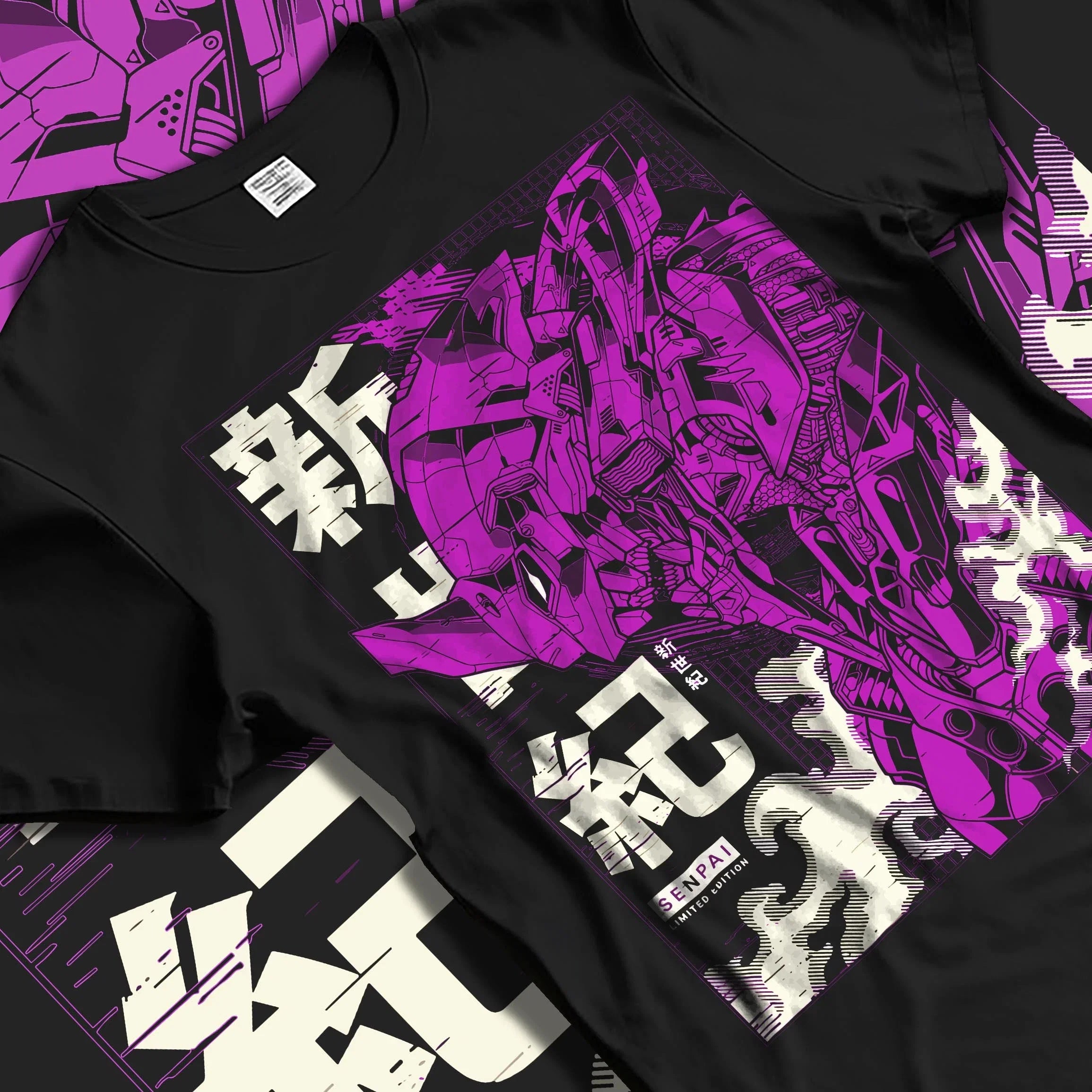 Black T-shirt laid flat featuring bold Neon Genesis Evangelion Unit-01 mecha design in purple with Japanese text accents.