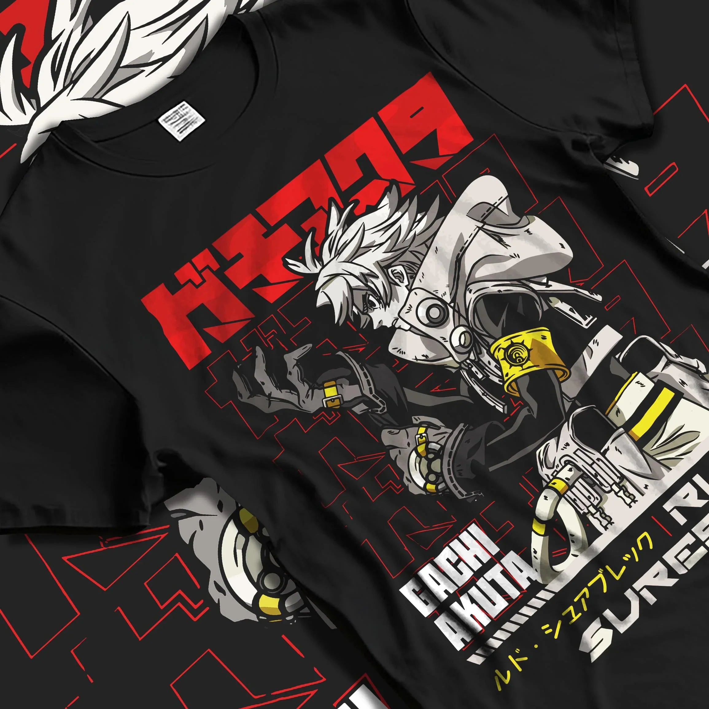 Black T-shirt laid flat featuring Rudo from Gachiakuta in a cyberpunk battle pose, red and yellow retro manga graphic with bold streetwear aesthetic.