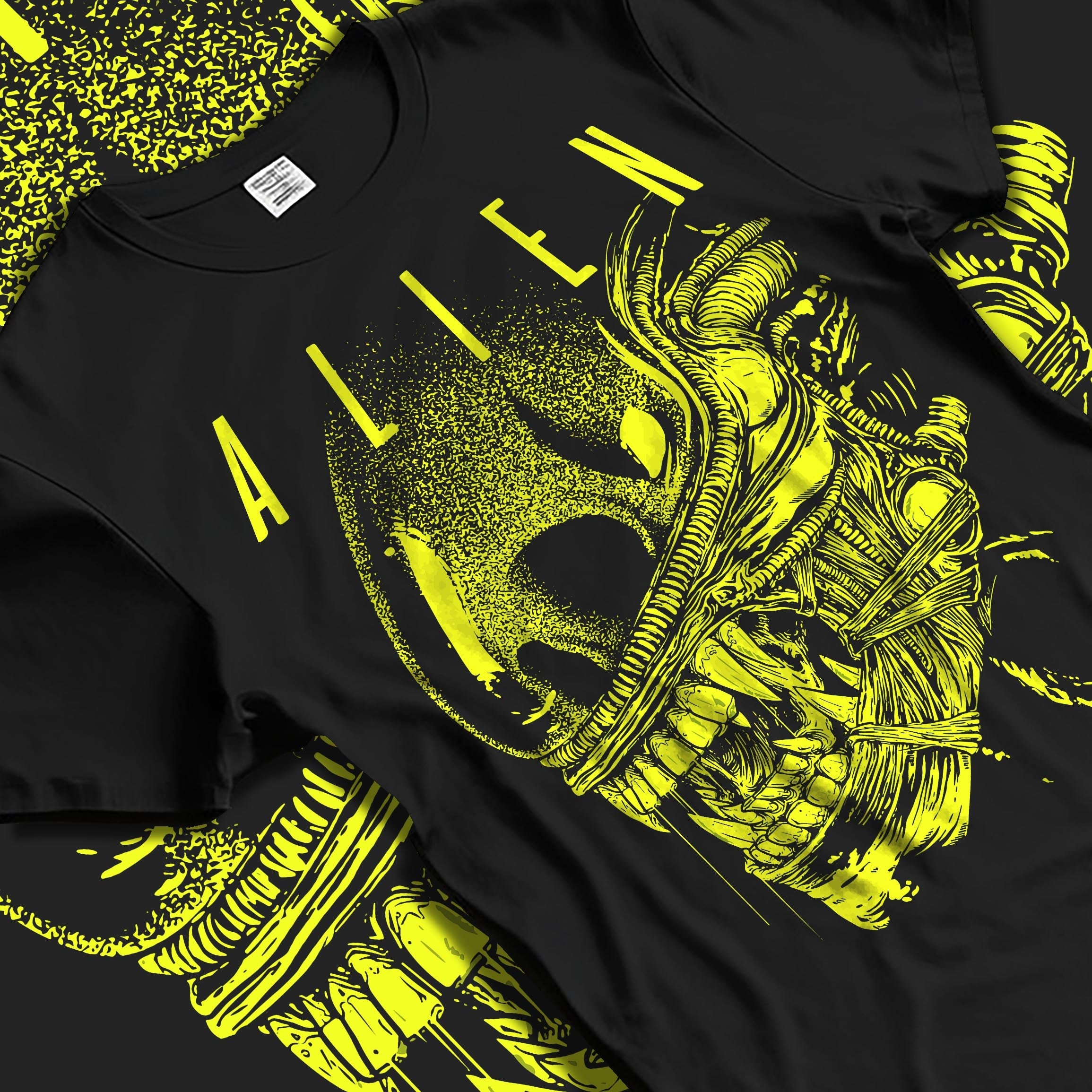 Black T-shirt laid flat featuring neon yellow Alien Xenomorph design, retro horror movie graphic blending sci-fi streetwear and cinematic poster-inspired artwork.