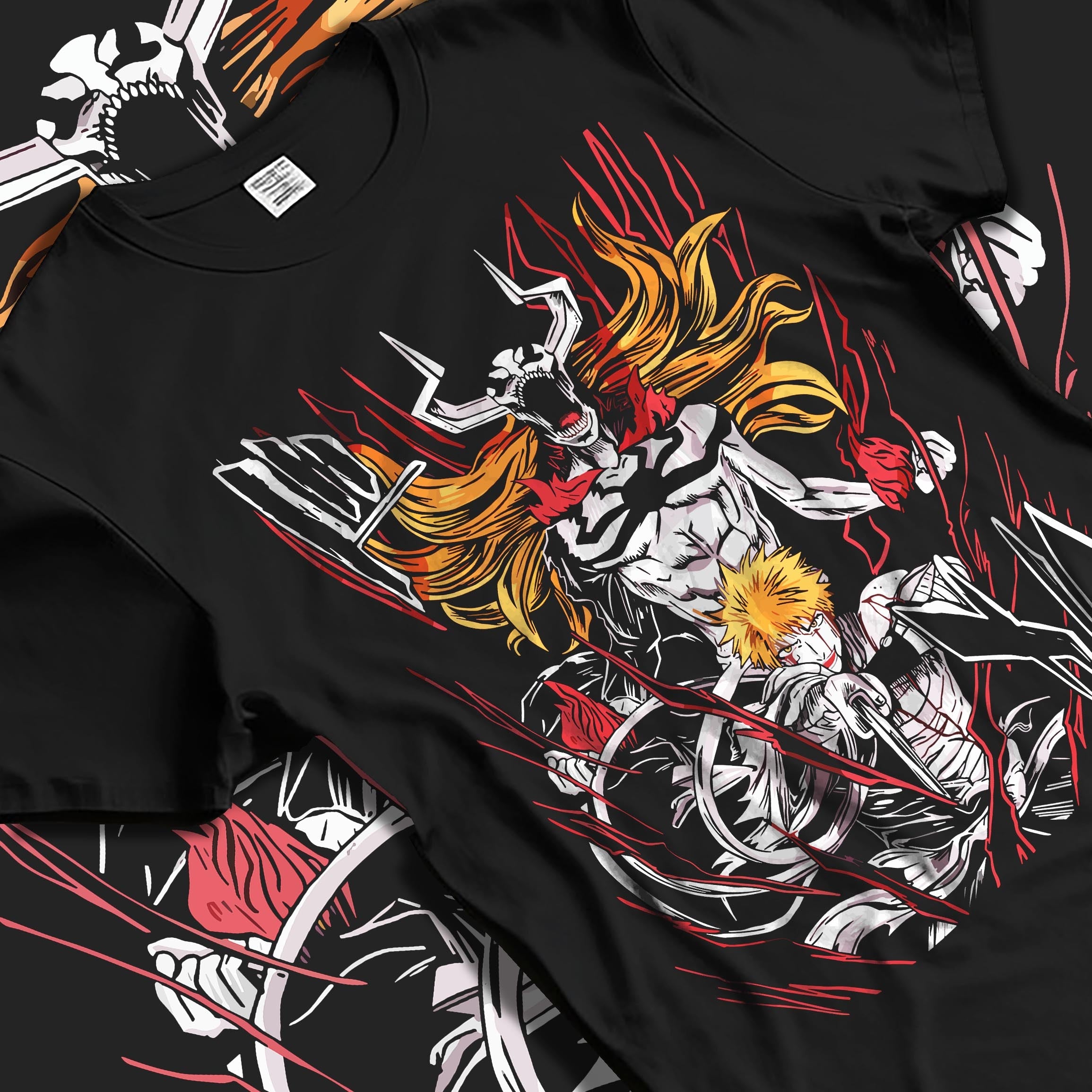 Black T-shirt laid flat featuring Bleach anime design of Ichigo Kurosaki in his Vasto Lorde form battling Grimmjow with bold manga streetwear artwork.
