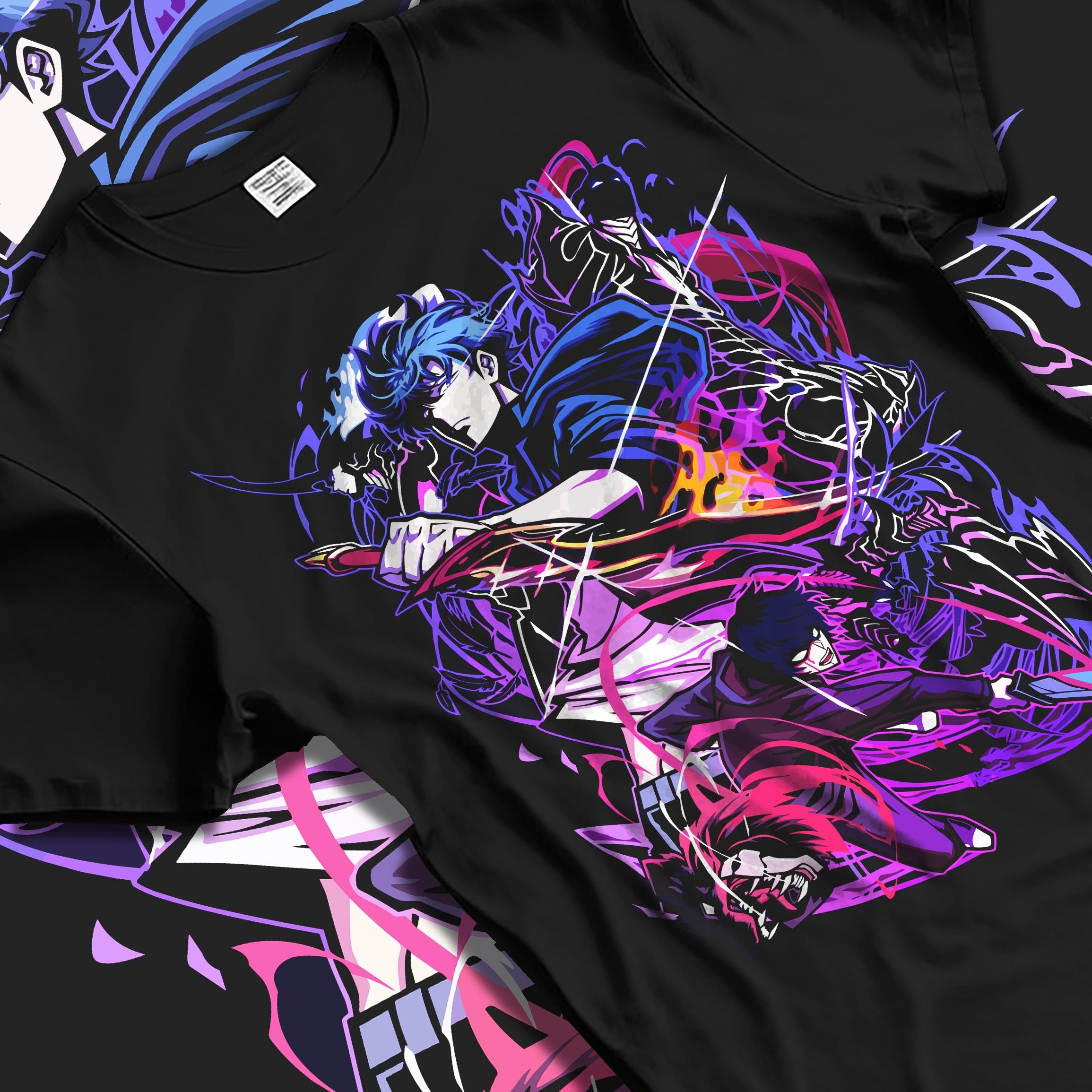 Black T-shirt worn by a male model, back view, featuring Sung Jinwoo Solo Leveling shonen battle character design with cyberpunk anime aesthetic in bold purple tones