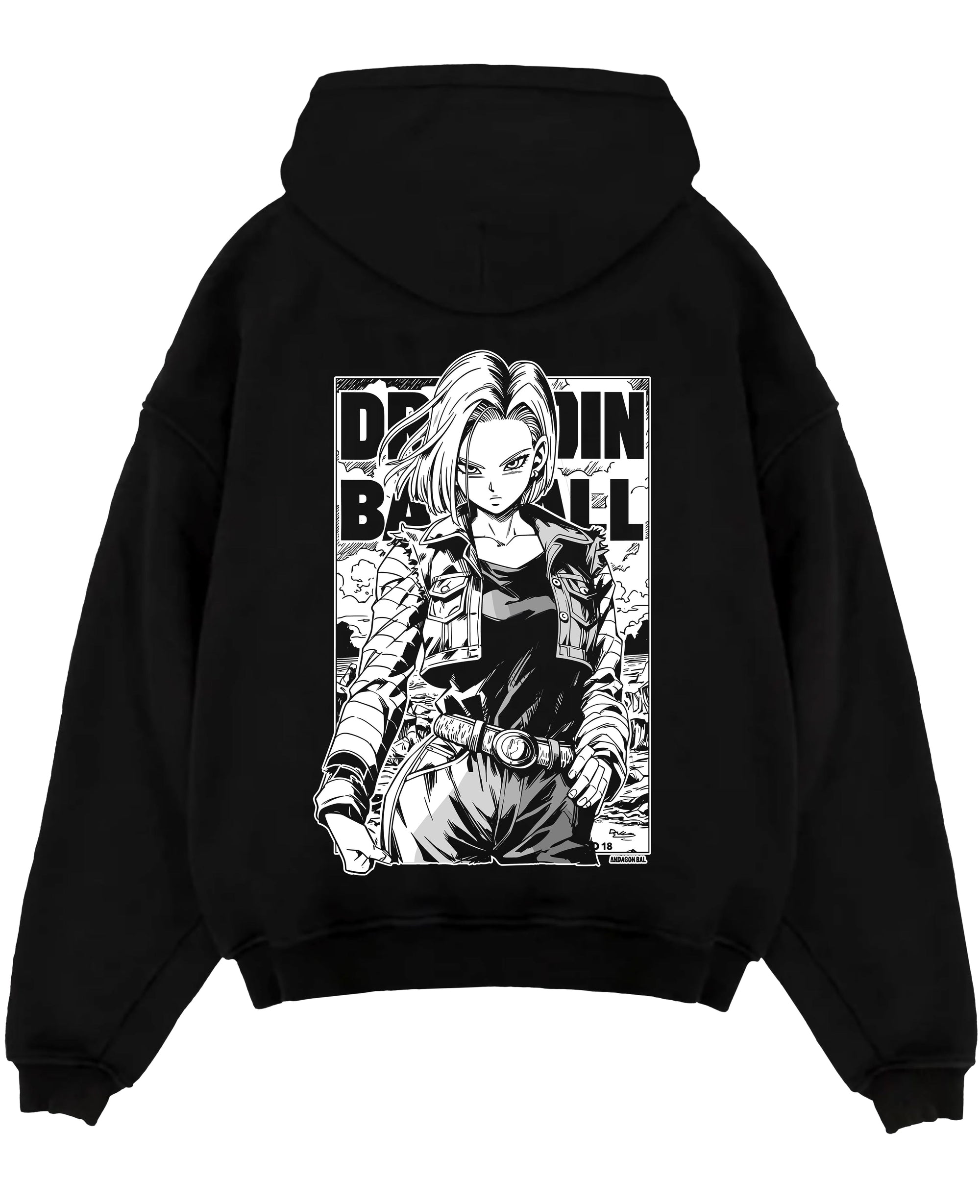 Black pullover hoodie laid flat on a white background, featuring Dragon Ball Android 18 anime poster inspired design with bold retro manga artwork graphic print.
