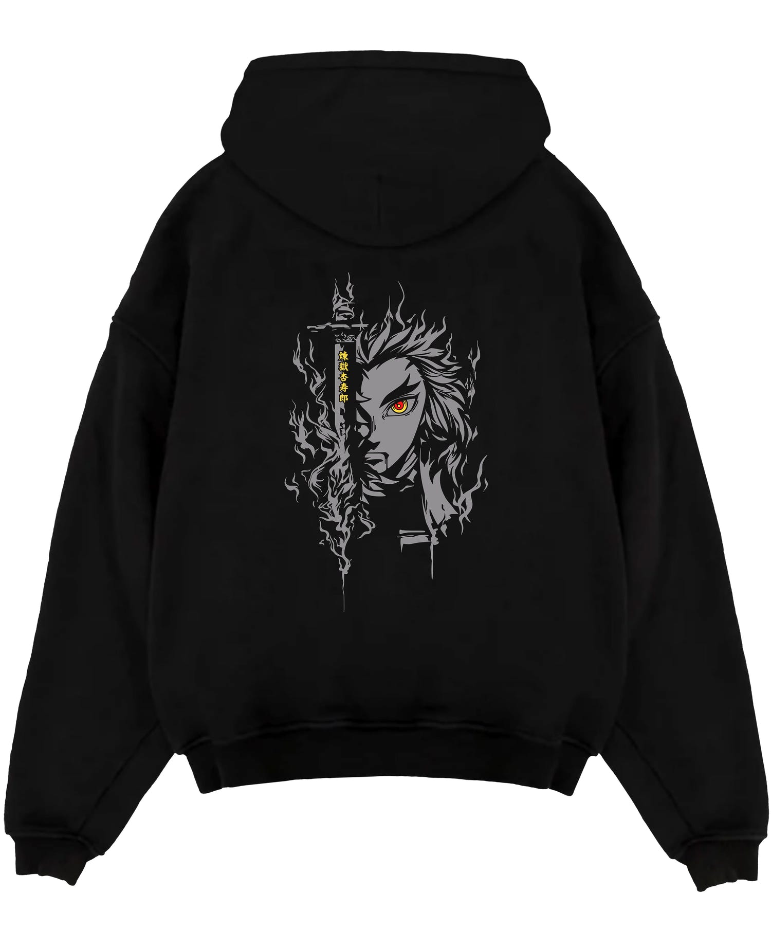 Black pullover hoodie laid flat on a white background, featuring Demon Slayer Rengoku anime poster inspired portrait design with fiery aura and dark manga panel style.