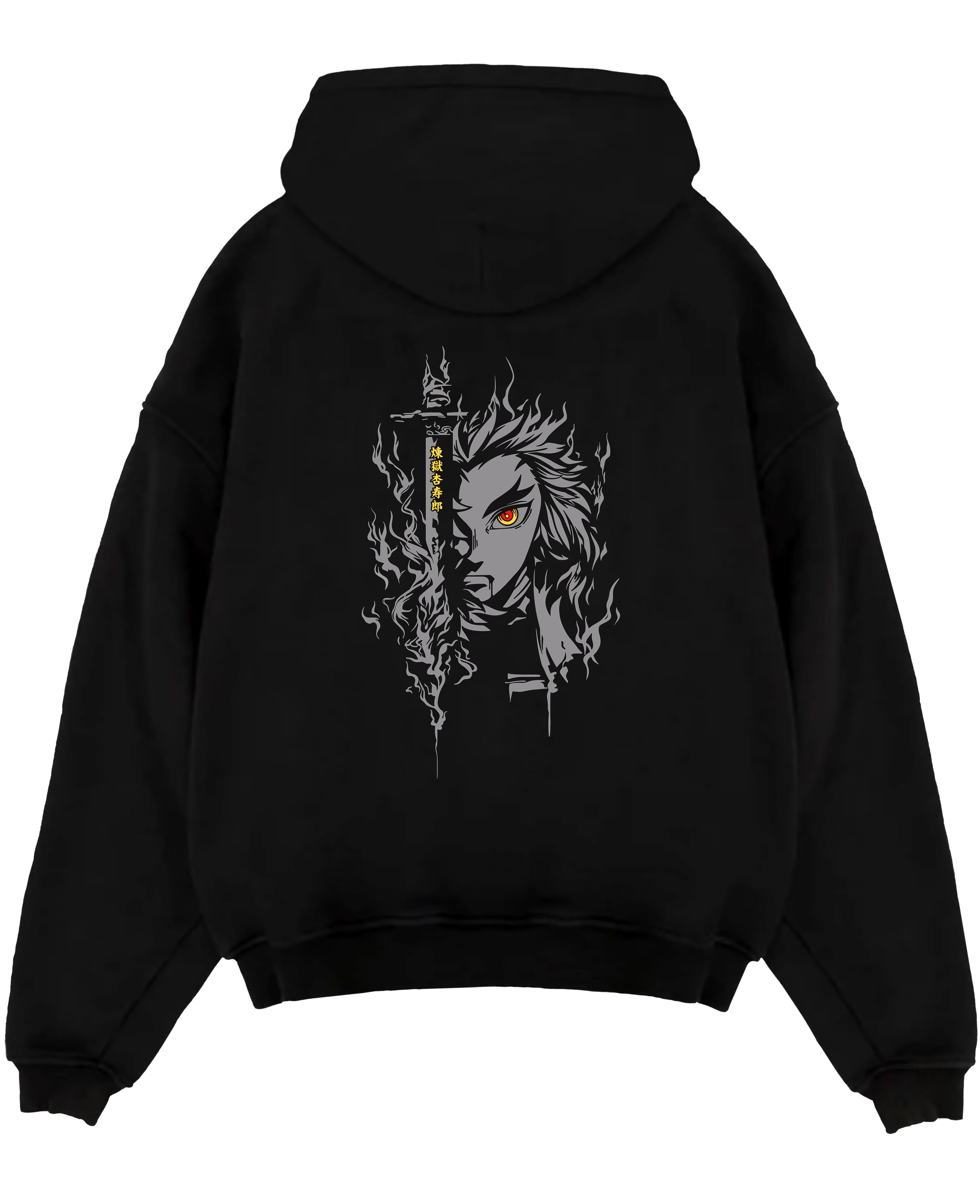 Black pullover hoodie laid flat on a white background, featuring Demon Slayer Rengoku anime poster inspired portrait design with fiery aura and dark manga panel style.