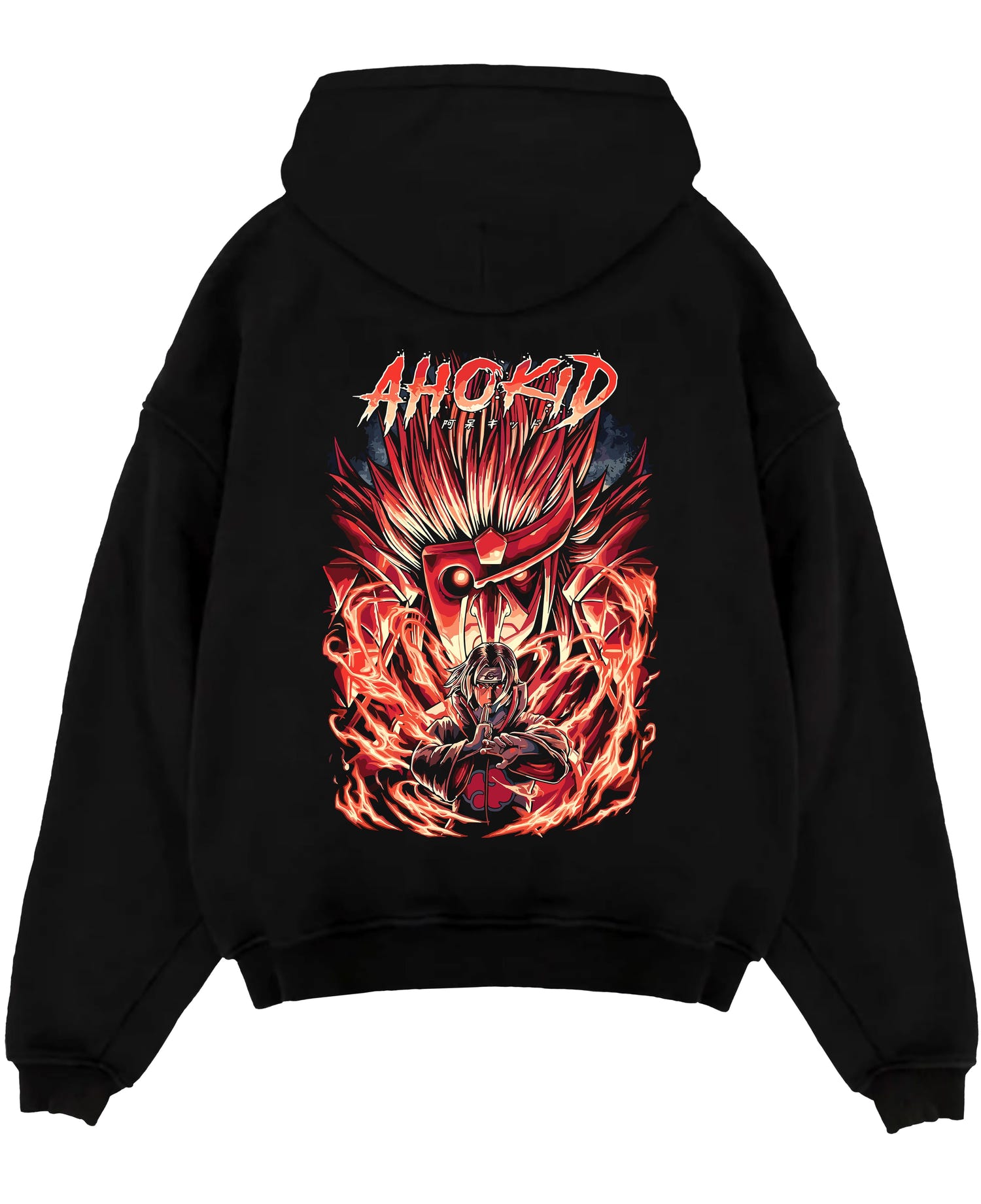 Black pullover hoodie laid flat on a white background, featuring Naruto Itachi Uchiha anime poster design with fiery red Susanoo aura.