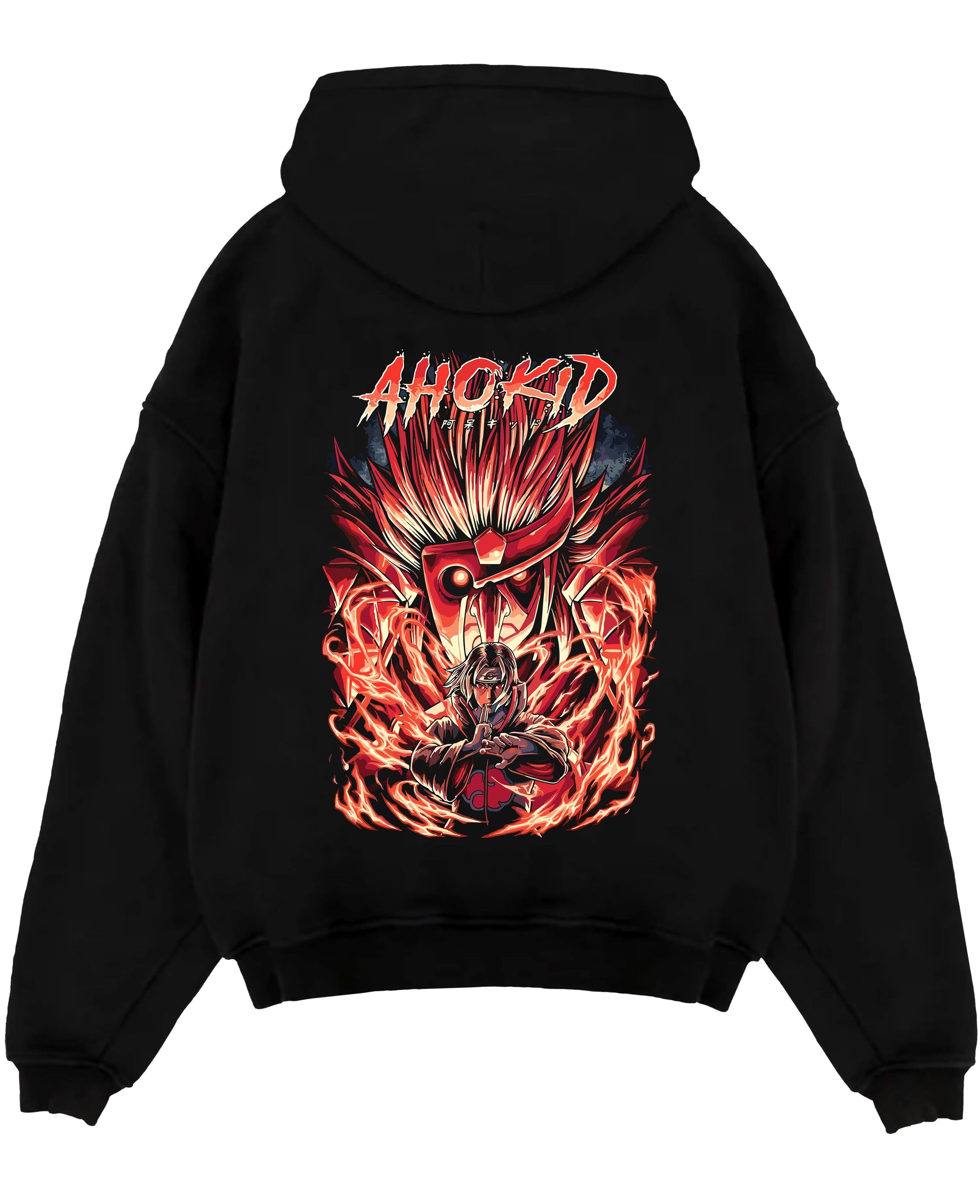Black pullover hoodie laid flat on a white background, featuring Naruto Itachi Uchiha anime poster design with fiery red Susanoo aura.