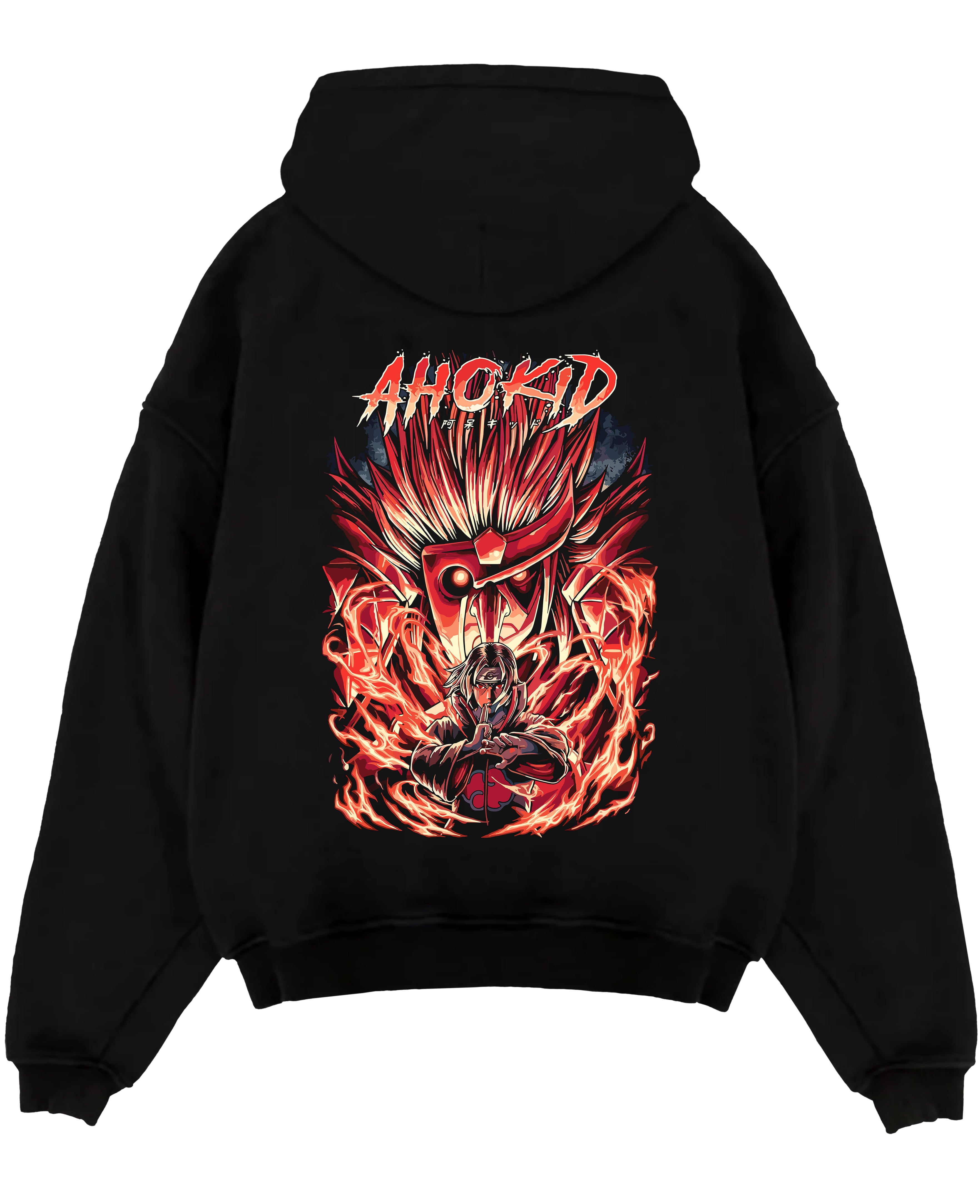 Black pullover hoodie laid flat on a white background, featuring Naruto Itachi Uchiha anime poster design with fiery red Susanoo aura.