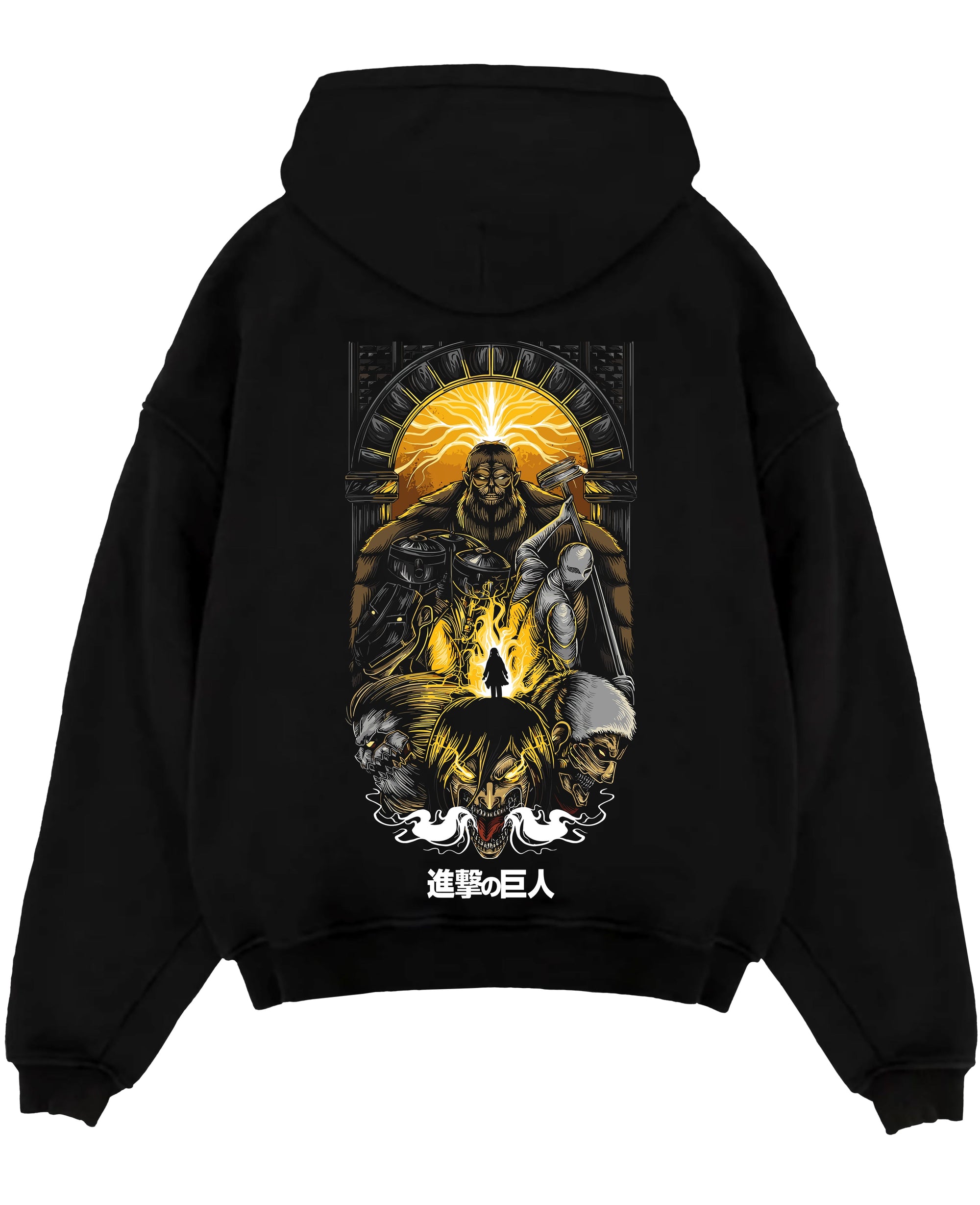 Black pullover hoodie laid flat on a white background, featuring Attack on Titan anime poster inspired design with dark manga panel artwork and apocalyptic style graphic.