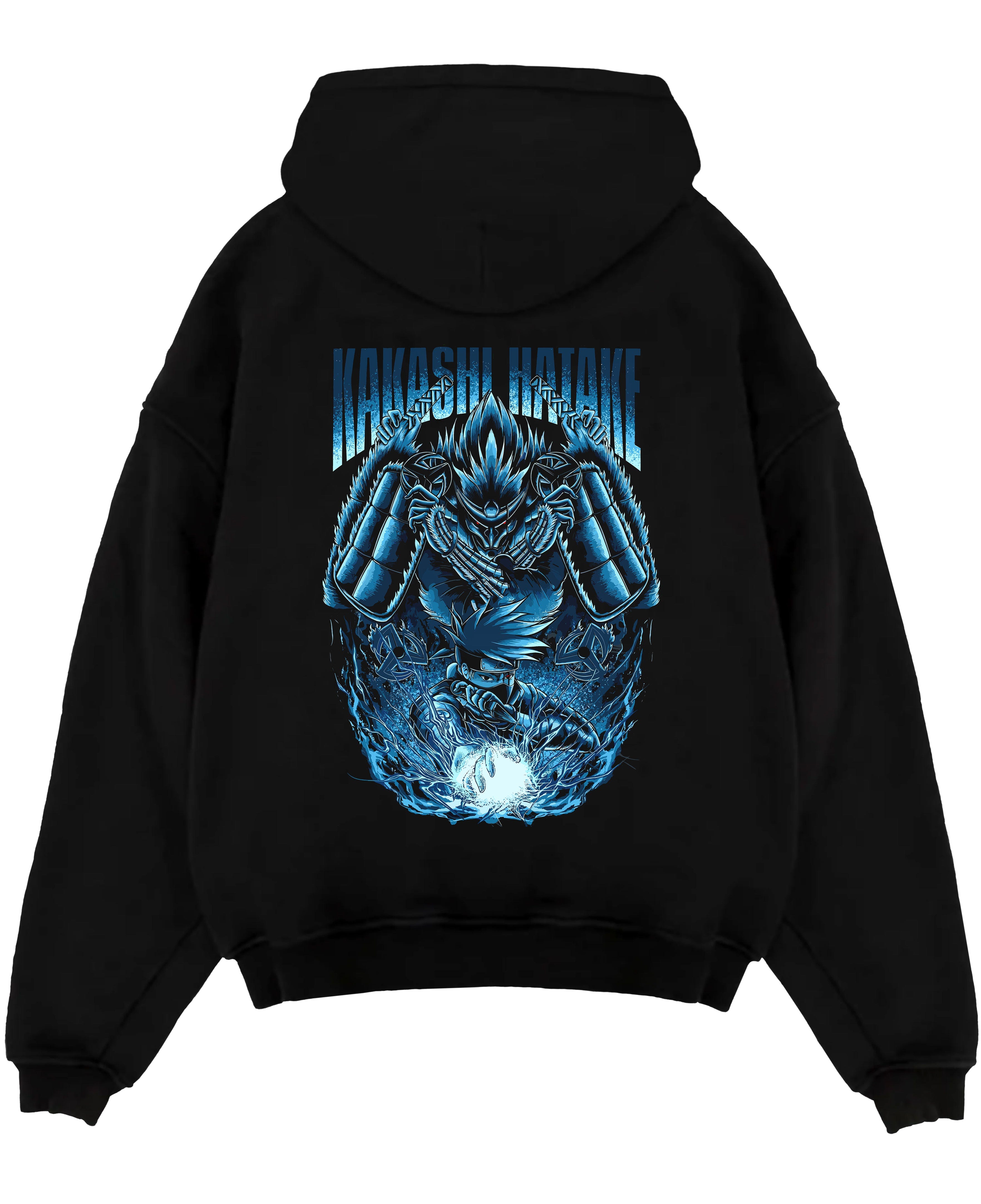 Black pullover hoodie laid flat on a white background, featuring Kakashi Hatake anime poster inspired design with glowing Susanoo and Chidori artwork.