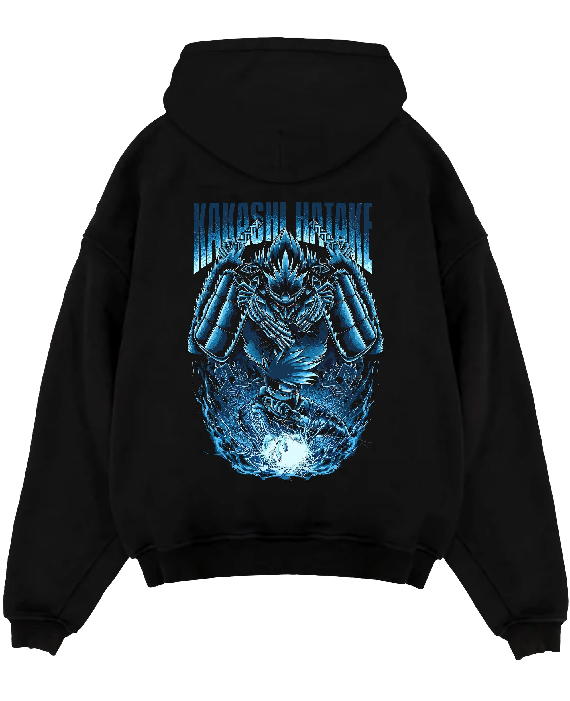 Black pullover hoodie laid flat on a white background, featuring Kakashi Hatake anime poster inspired design with glowing Susanoo and Chidori artwork.