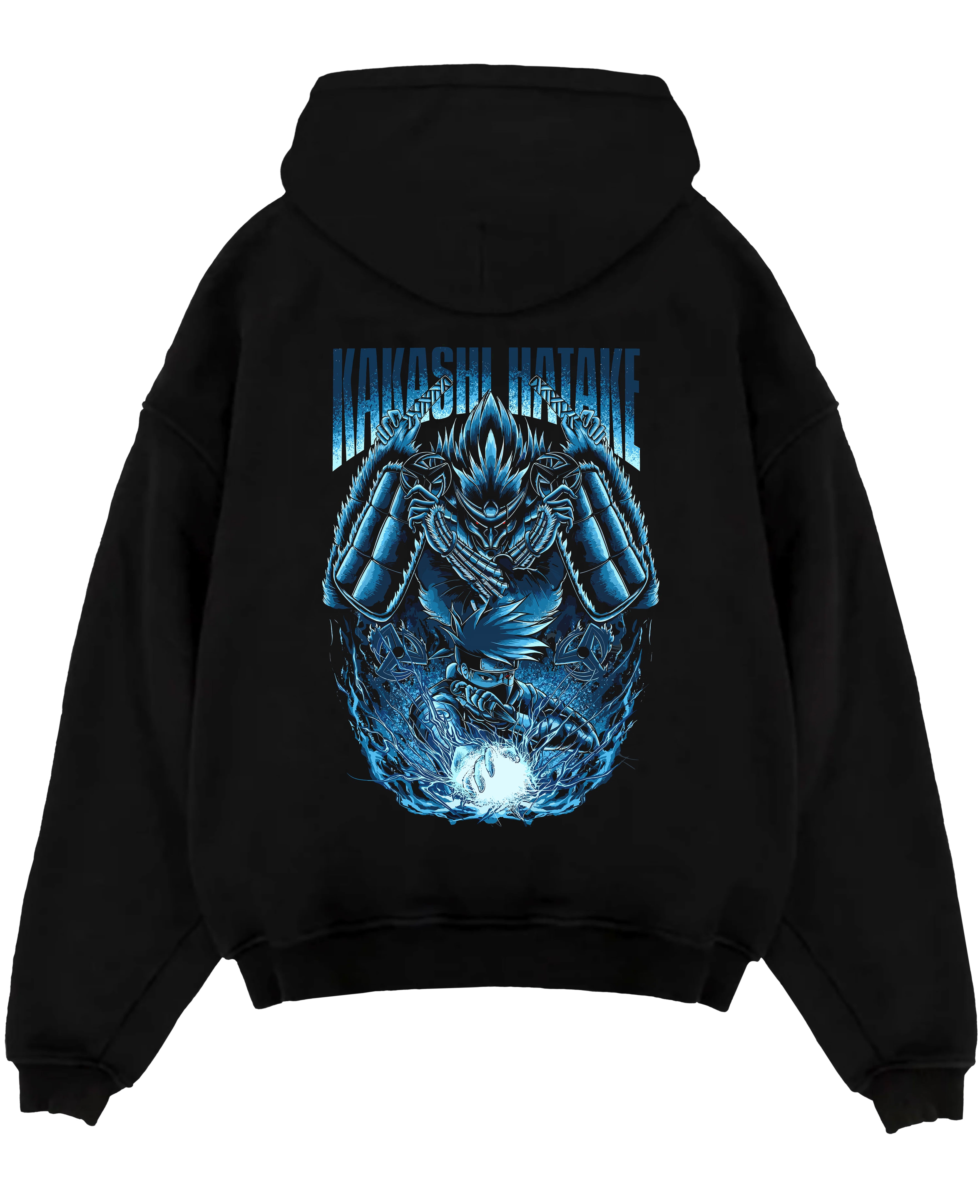 Black pullover hoodie laid flat on a white background, featuring Kakashi Hatake anime poster inspired design with glowing Susanoo and Chidori artwork.