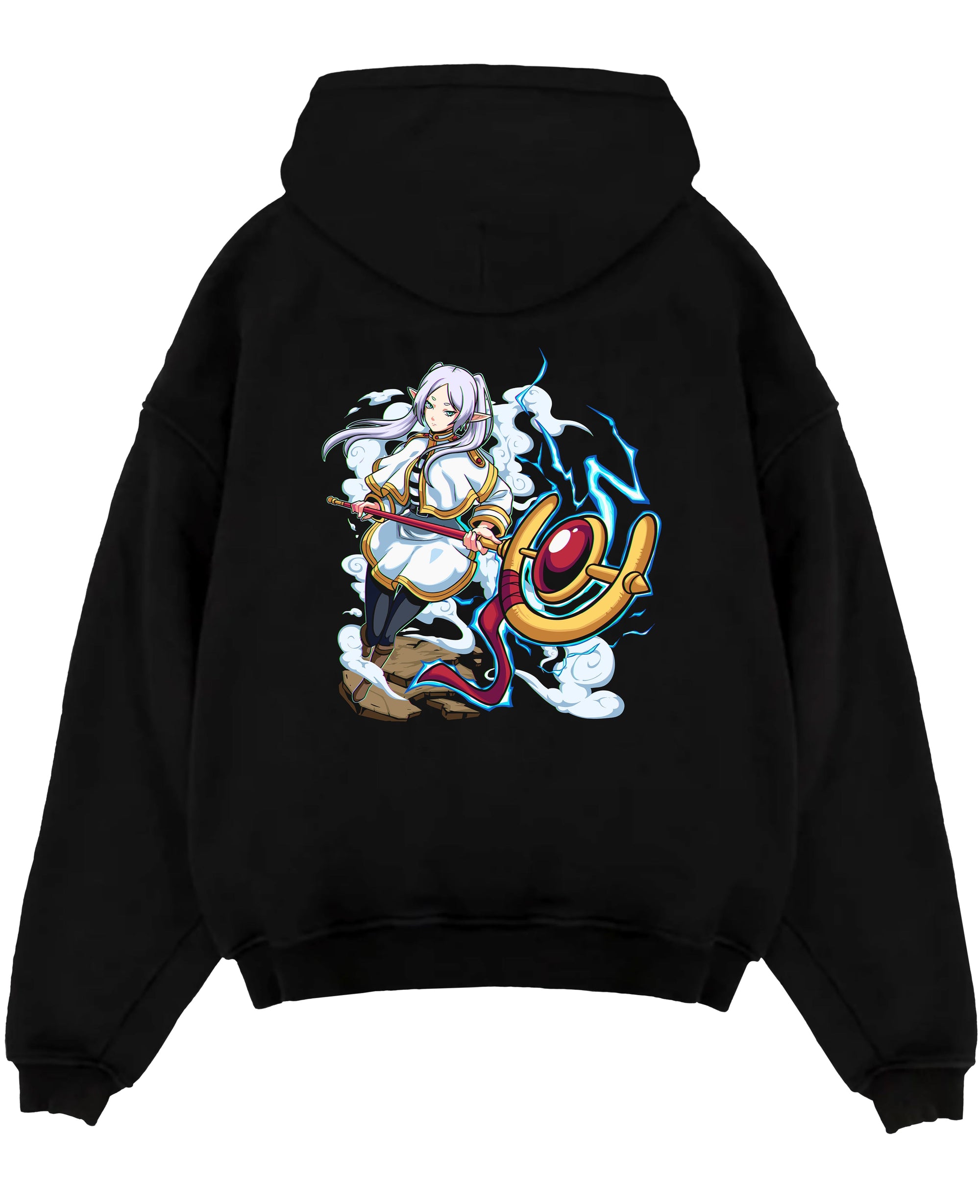 Black pullover hoodie laid flat on a white background, featuring Black Clover Mereoleona anime poster inspired artwork with glowing blue lightning and RPG fantasy detail.