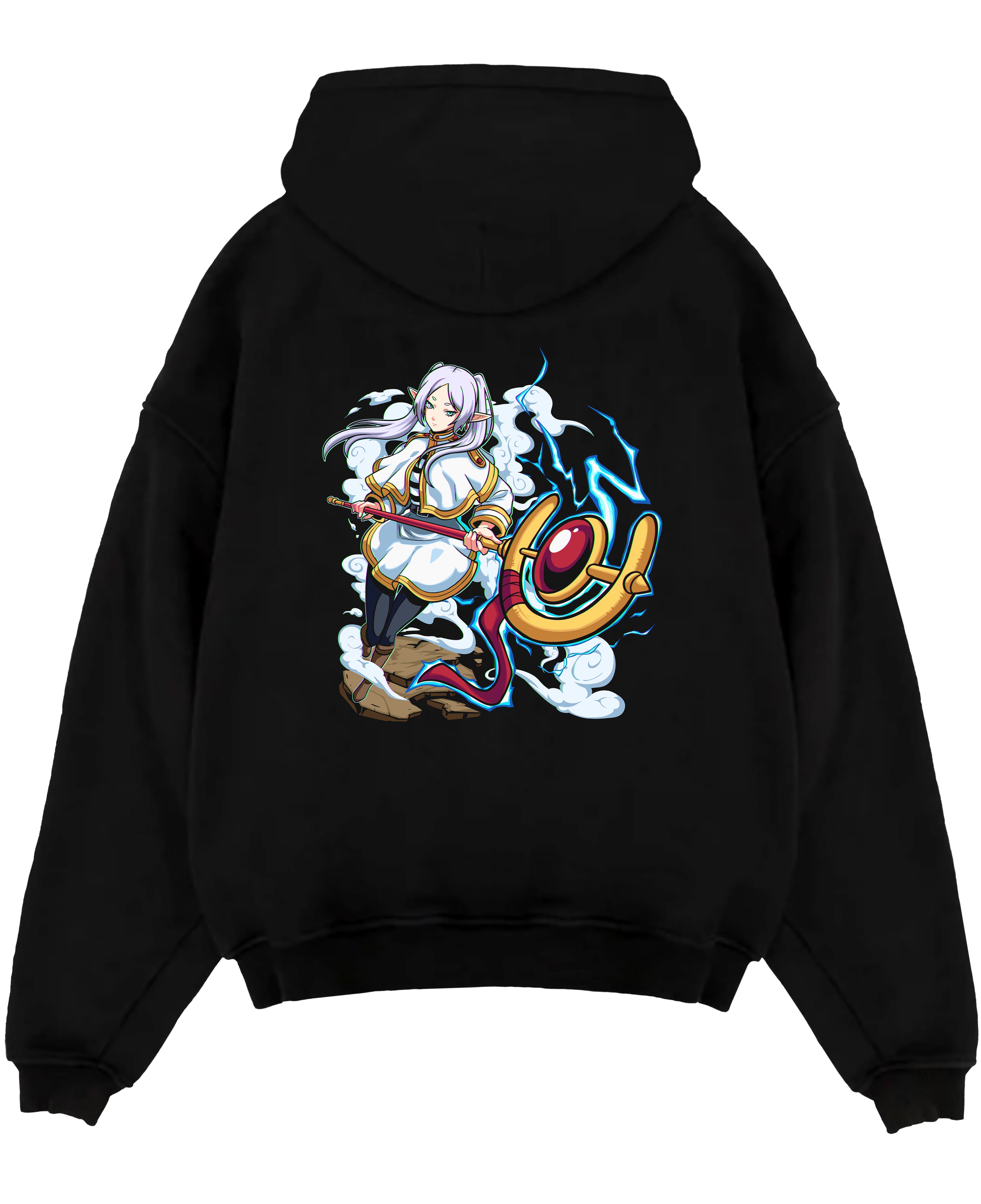Black pullover hoodie laid flat on a white background, featuring Black Clover Mereoleona anime poster inspired artwork with glowing blue lightning and RPG fantasy detail.