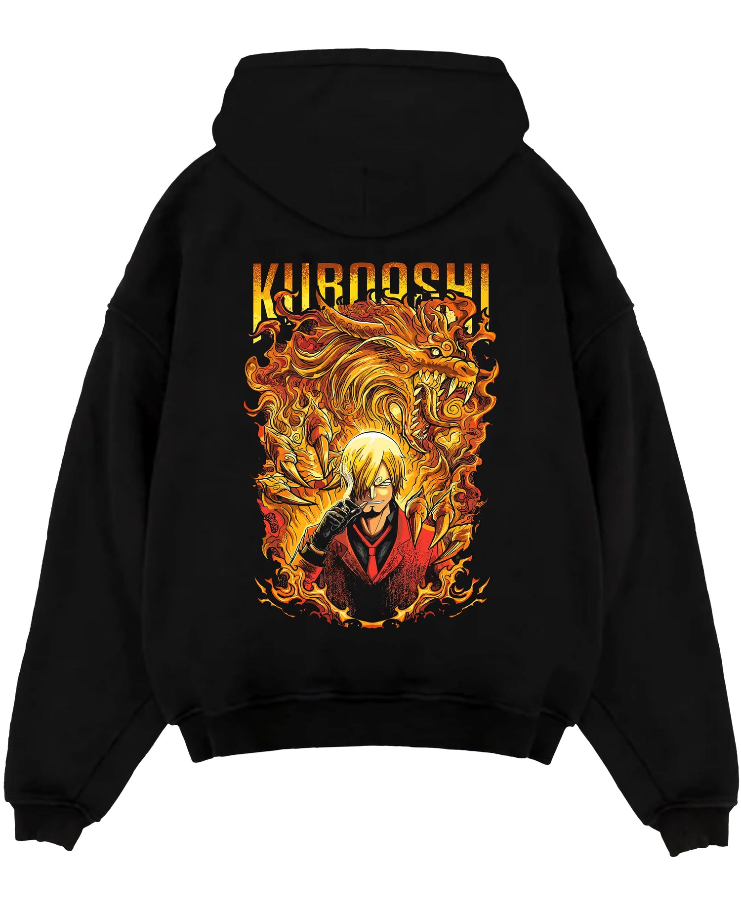 Black pullover hoodie laid flat on a white background, featuring Sanji Kuroashi One Piece anime poster inspired design with fiery dragon and bold retro manga tones.