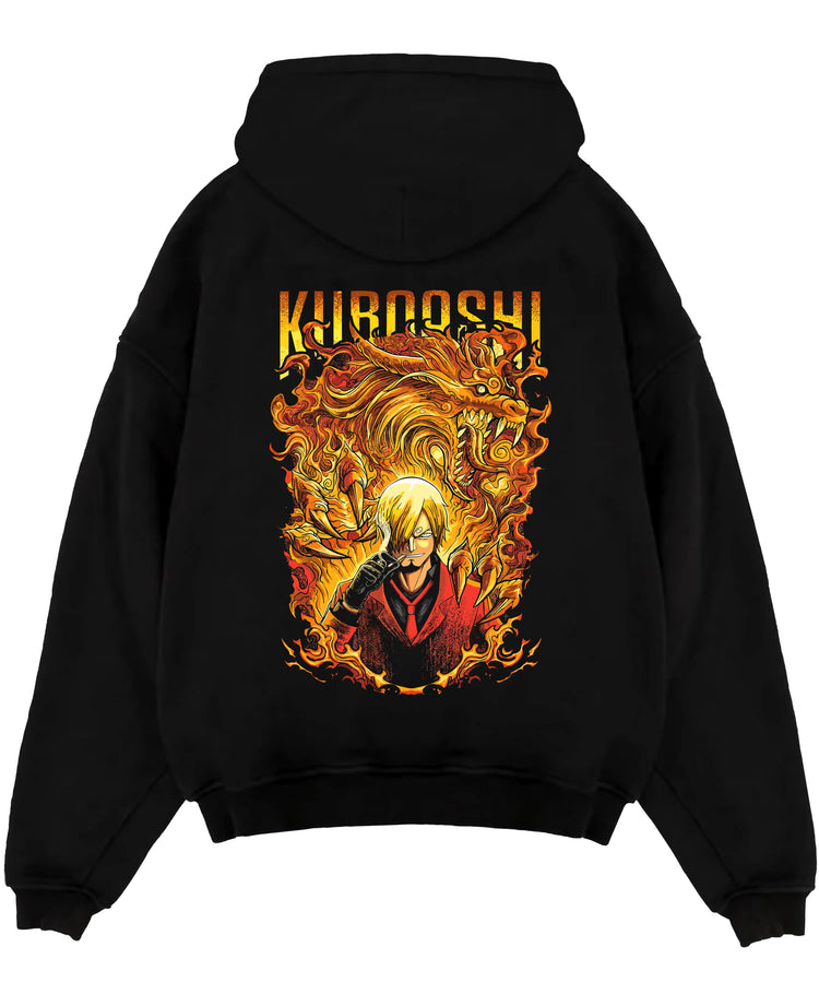Black pullover hoodie laid flat on a white background, featuring Sanji Kuroashi One Piece anime poster inspired design with fiery dragon and bold retro manga tones.