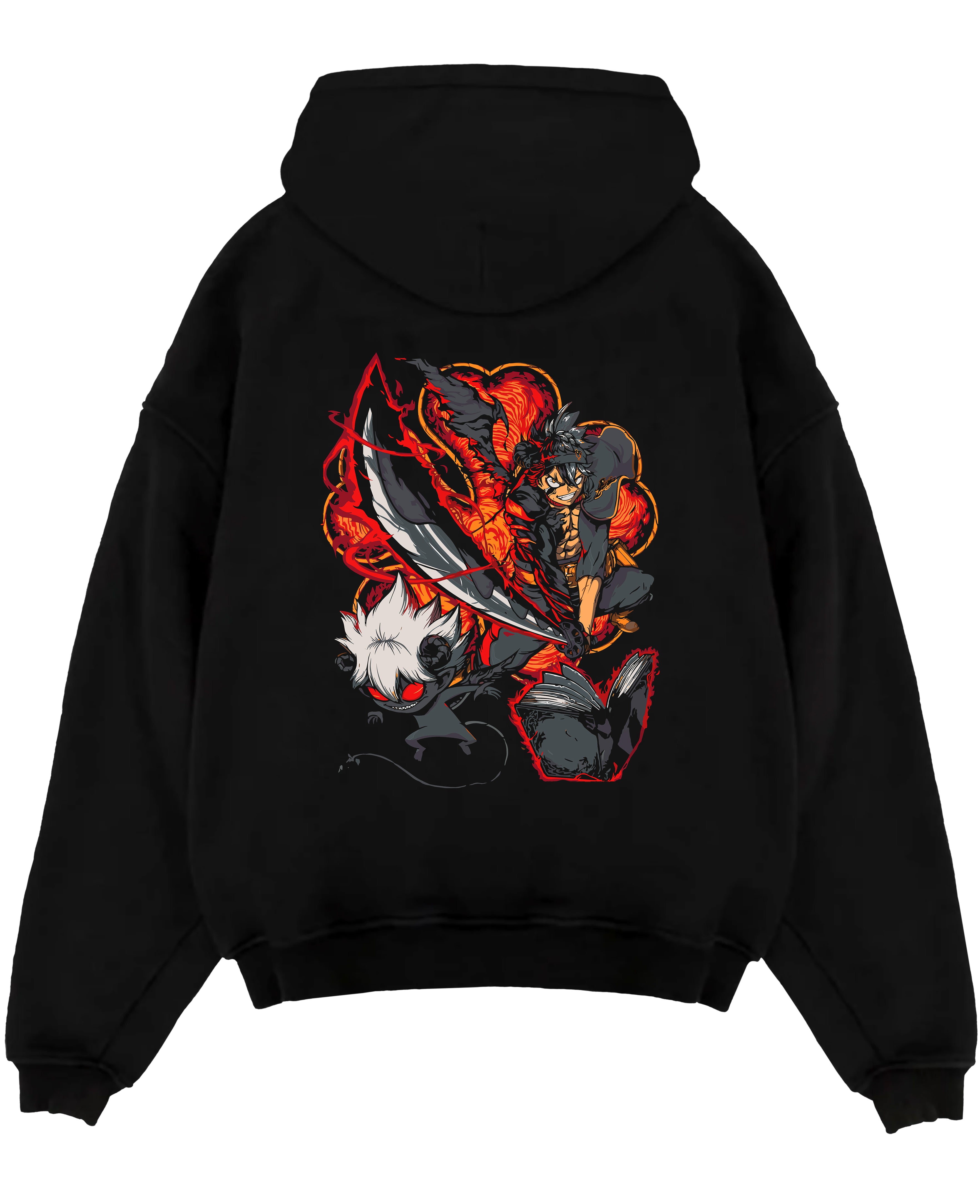 Black pullover hoodie laid flat on a white background, featuring Black Clover Asta anime poster inspired design with demon form aura and retro manga battle style.