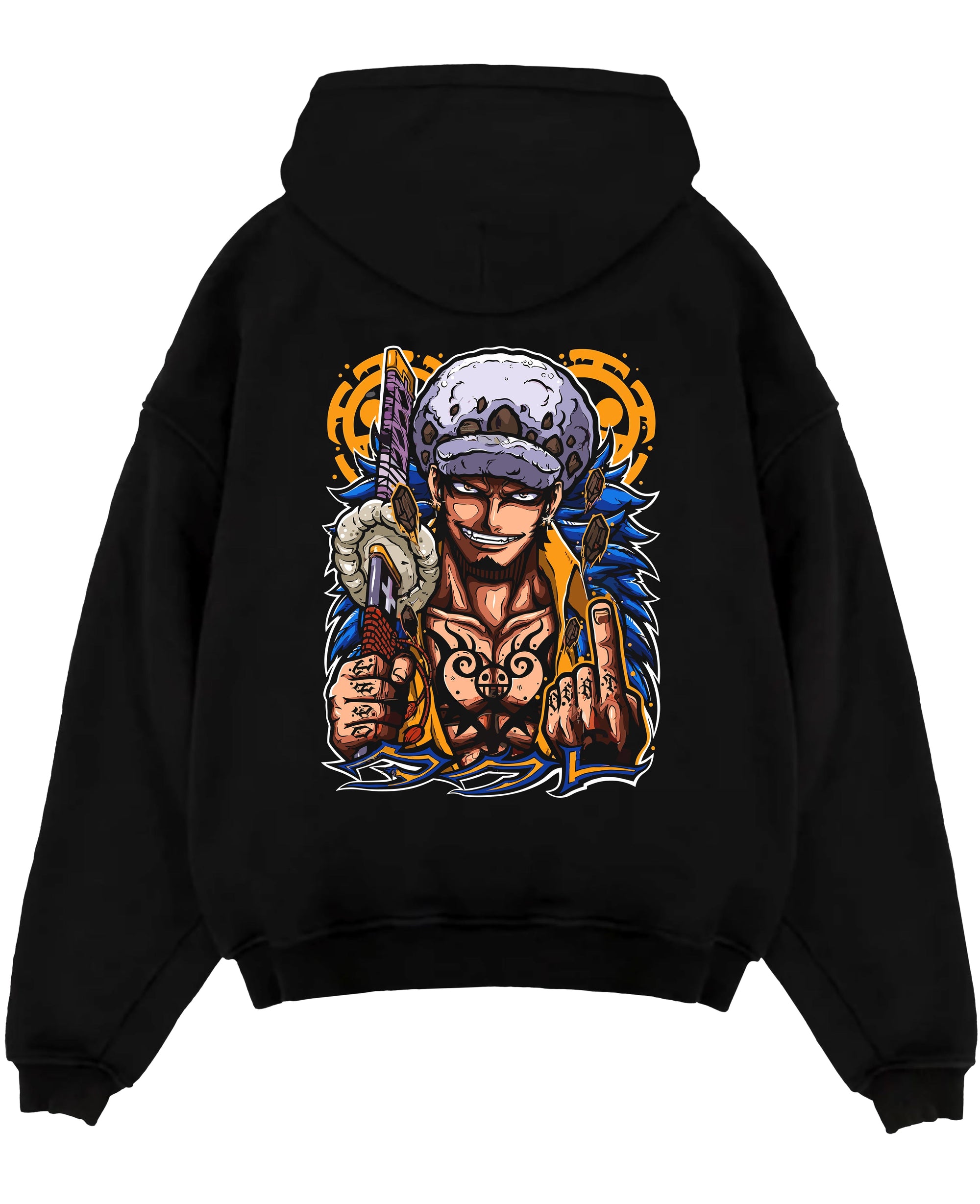 Black pullover hoodie laid flat on a white background, featuring One Piece Trafalgar Law anime poster graphic with sword and tattoo details.