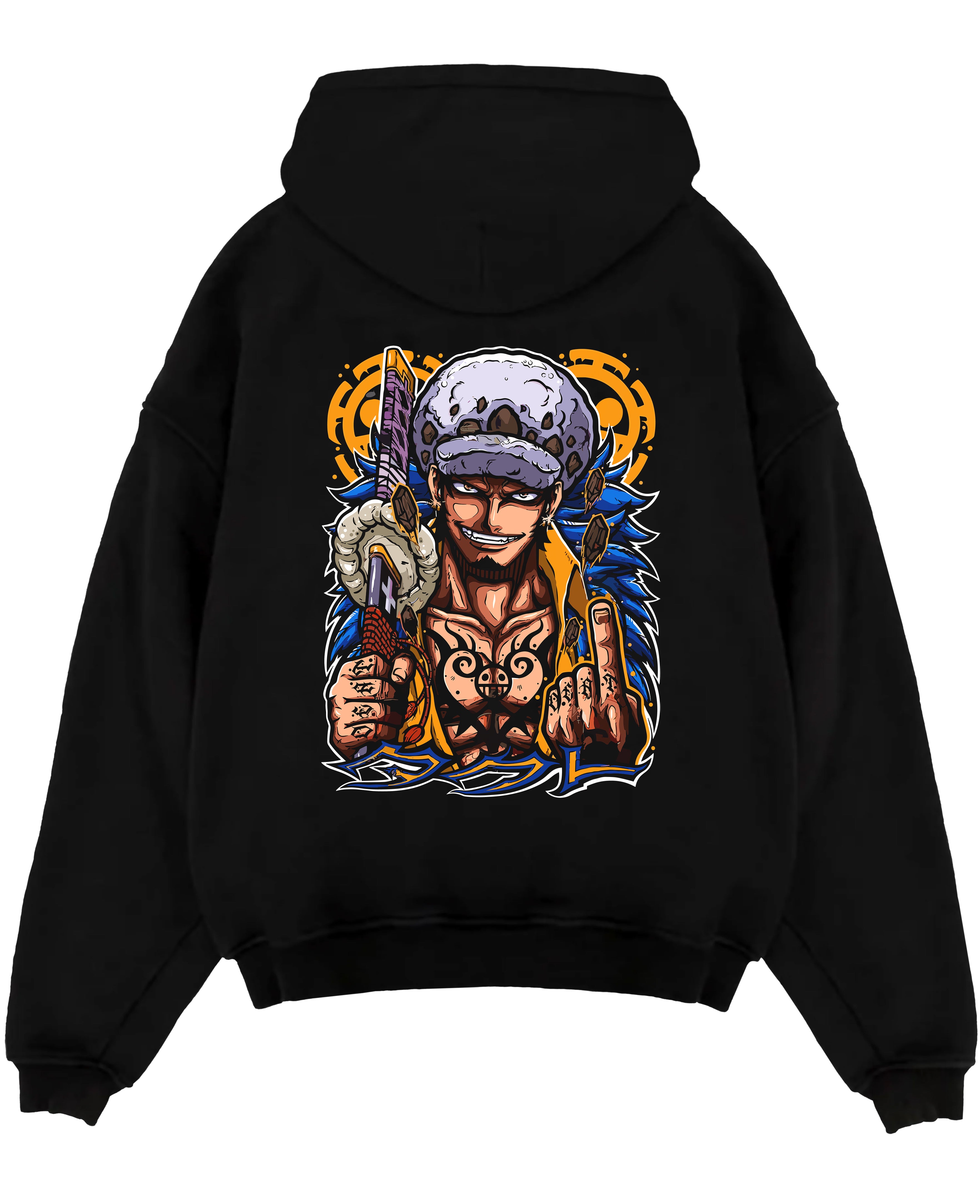 Black pullover hoodie laid flat on a white background, featuring One Piece Trafalgar Law anime poster graphic with sword and tattoo details.