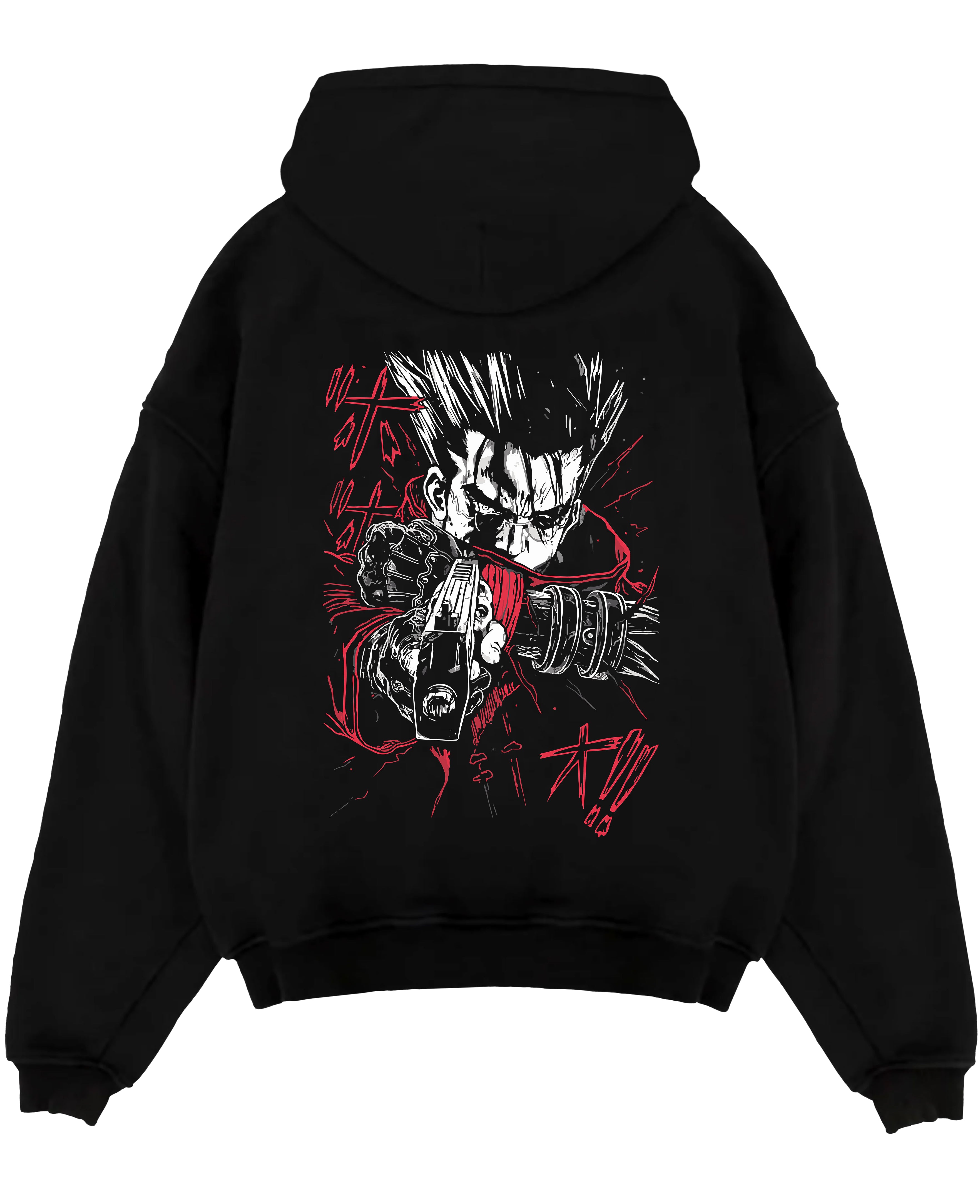 ChatGPT said:

Black pullover hoodie laid flat on a white background, featuring Trigun Vash the Stampede dark manga panel design with red coat and gun artwork.