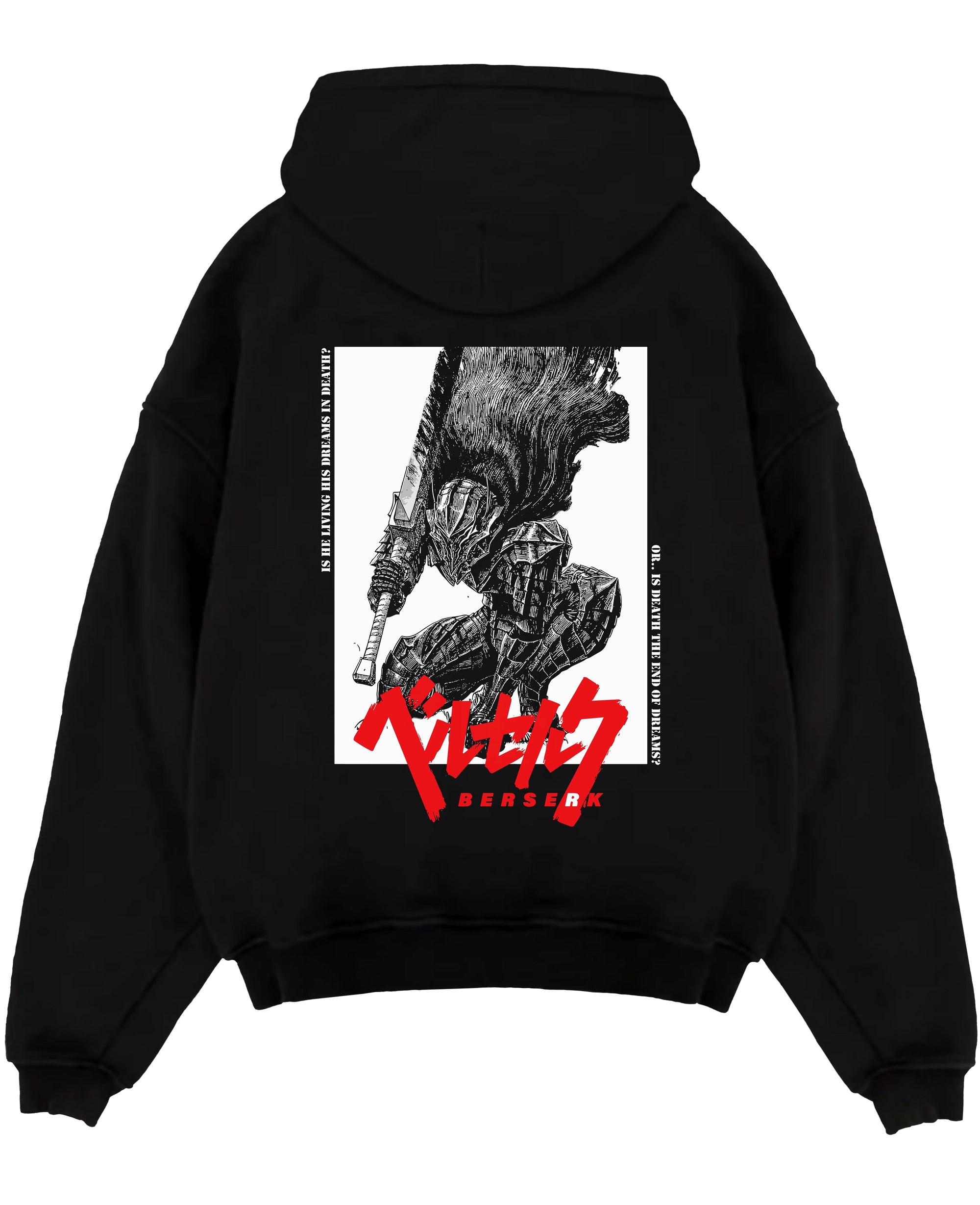 Black pullover hoodie laid flat on a white background, featuring Berserk Guts anime poster inspired design with sword raised in gritty dark manga panel style.