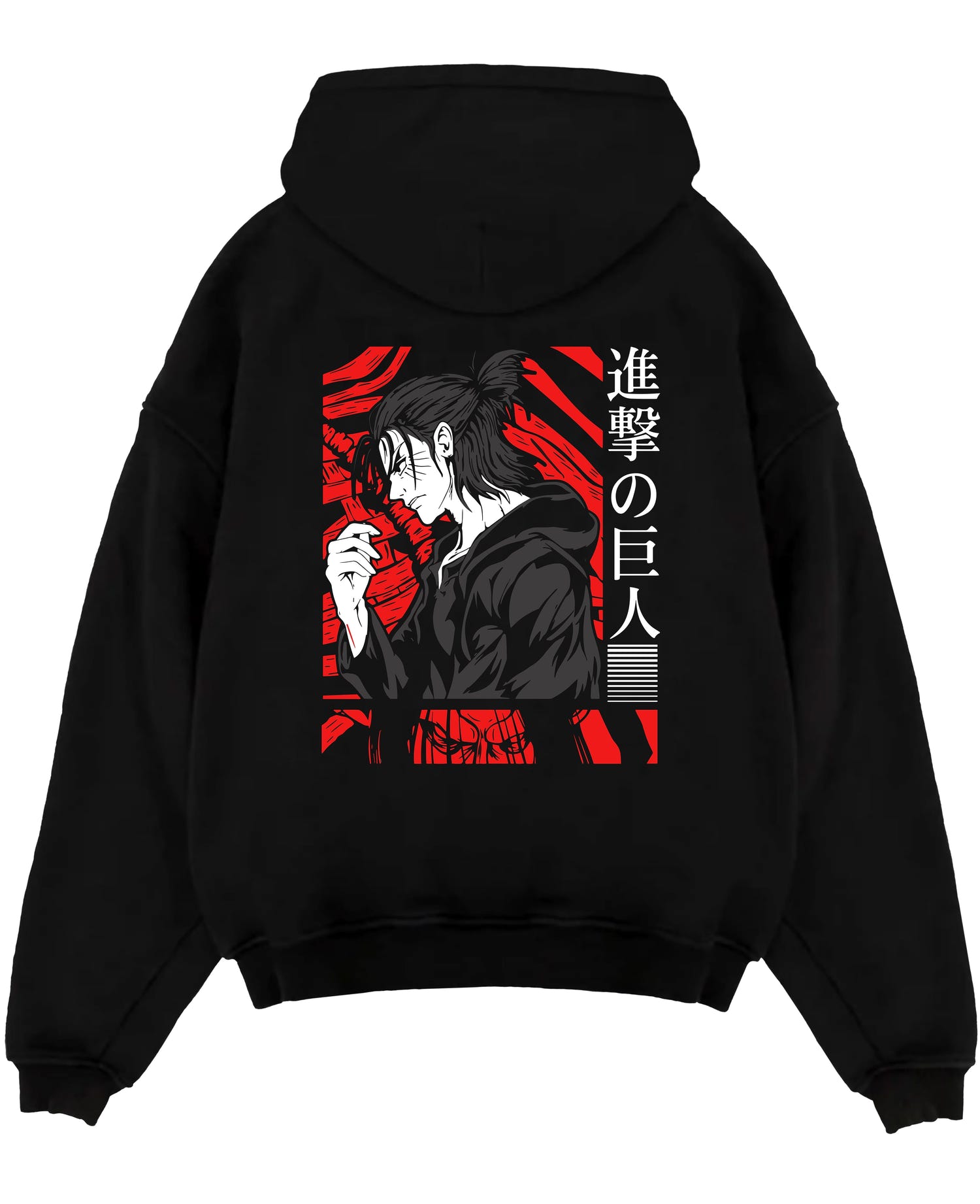 Black pullover hoodie laid flat on a white background, featuring Attack on Titan Eren Yeager anime poster inspired design with dark manga panel style and red background.