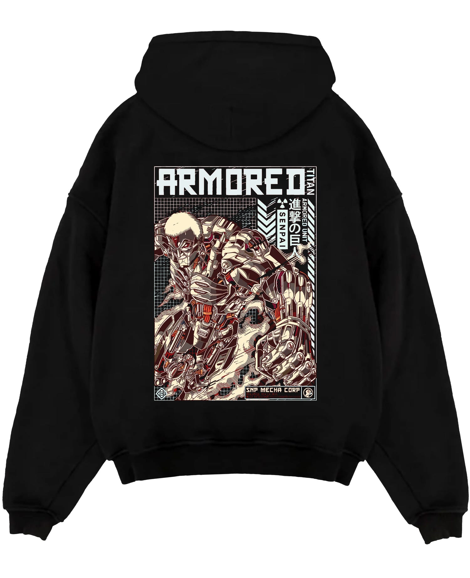 Black pullover hoodie laid flat on a white background, featuring Attack on Titan Armored Titan anime poster inspired design with retro mecha battle style and bold detail.
