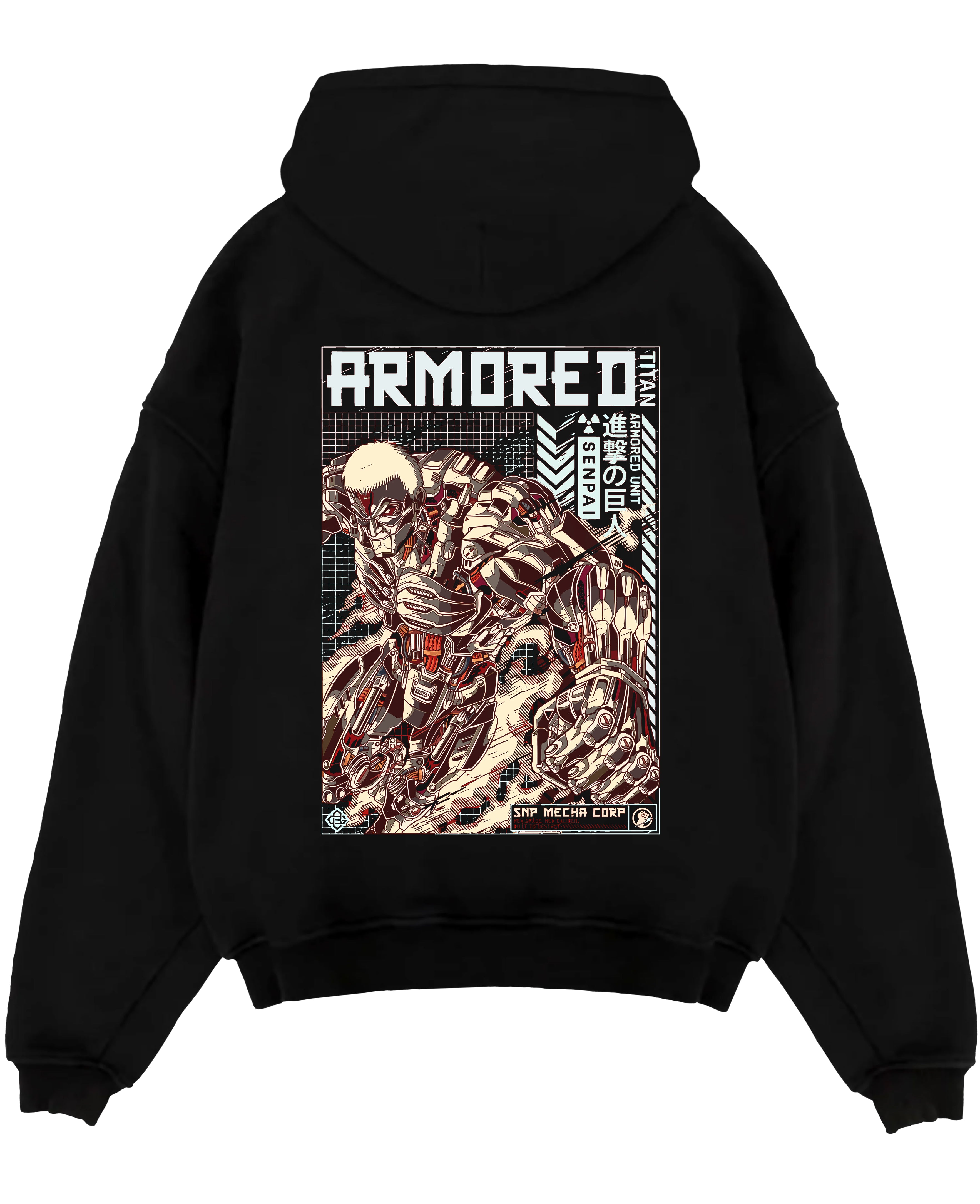 Black pullover hoodie laid flat on a white background, featuring Attack on Titan Armored Titan anime poster inspired design with retro mecha battle style and bold detail.