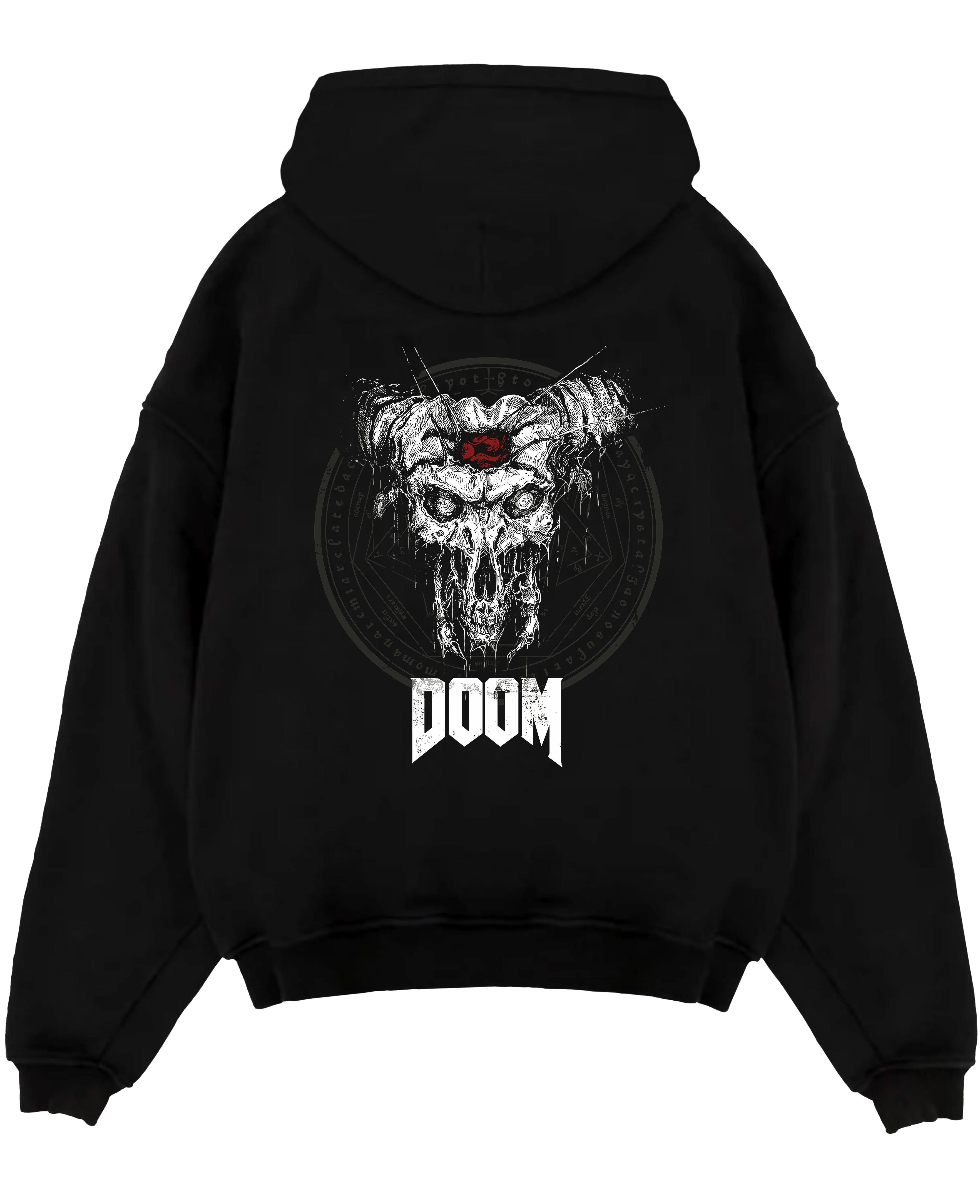 Black pullover hoodie laid flat on a white background, featuring DOOM demonic skull artwork with horns in distressed horror style and apocalyptic poster aesthetic.