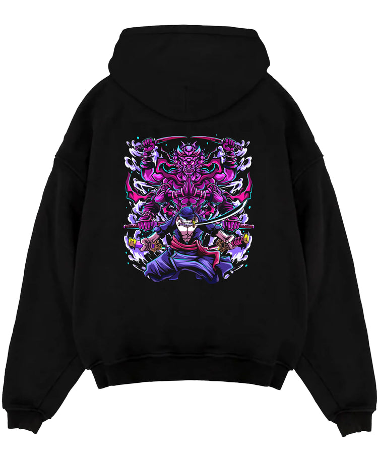 Black pullover hoodie laid flat on a white background, featuring Zoro with purple Susanoo anime poster inspired design in bold shonen battle artwork.