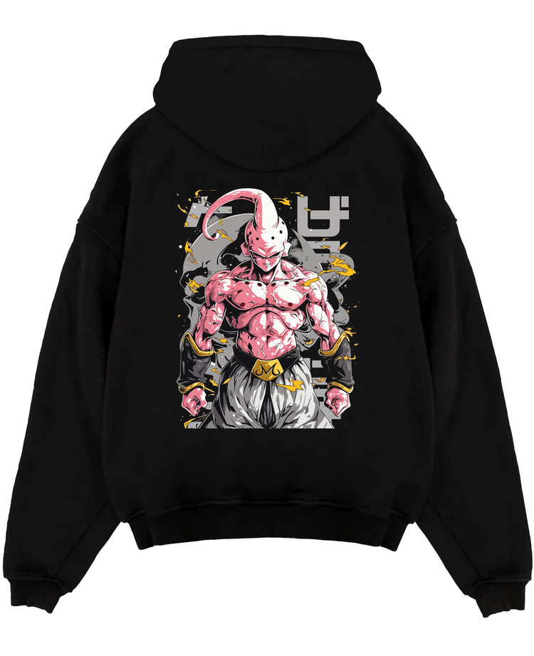 Black pullover hoodie laid flat on a white background, featuring Dragon Ball Majin Buu shonen battle character in anime poster inspired design with bold lightning aura.