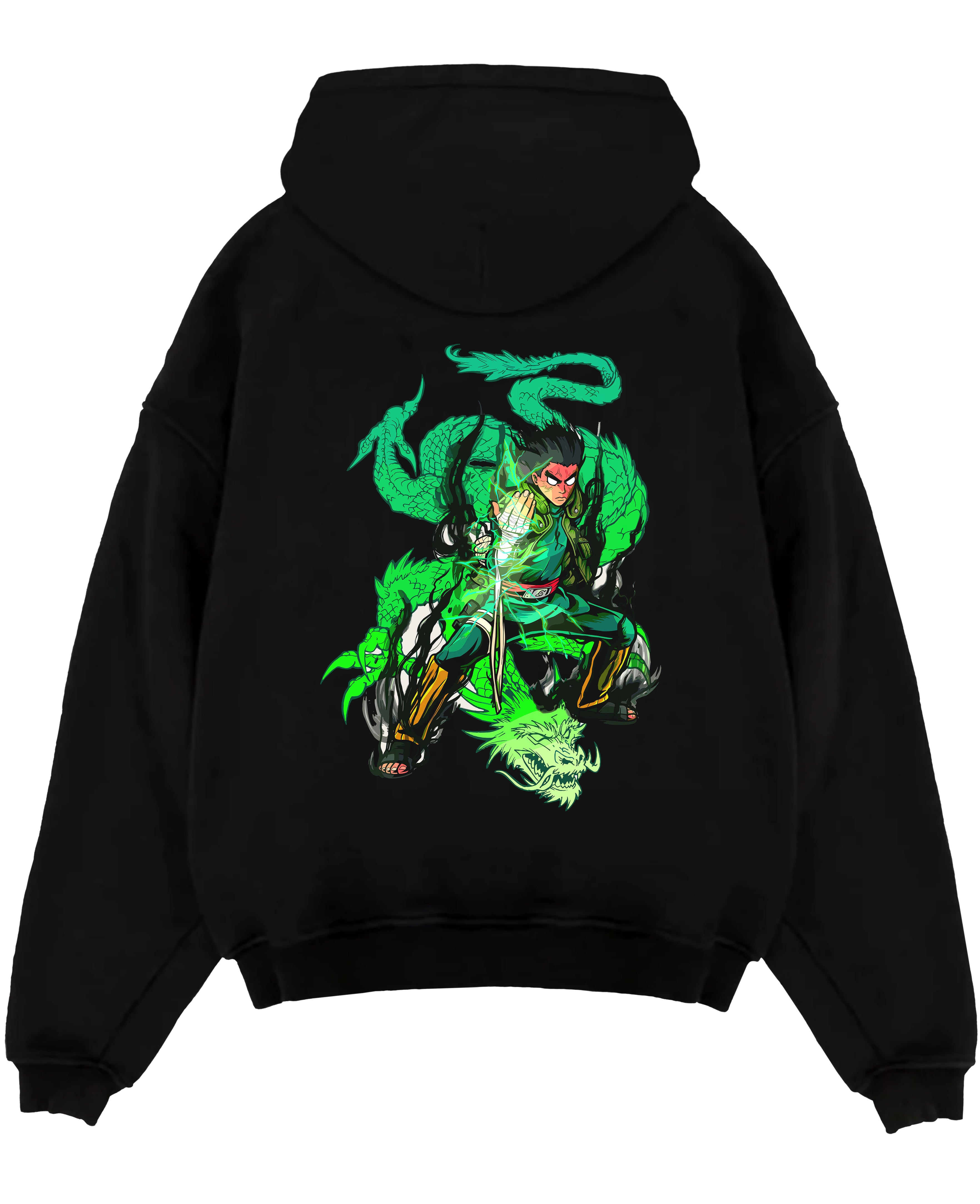 Black pullover hoodie laid flat on a white background, featuring Dragon Ball Gohan anime poster inspired design with glowing green Shenron dragon aura in retro manga style.